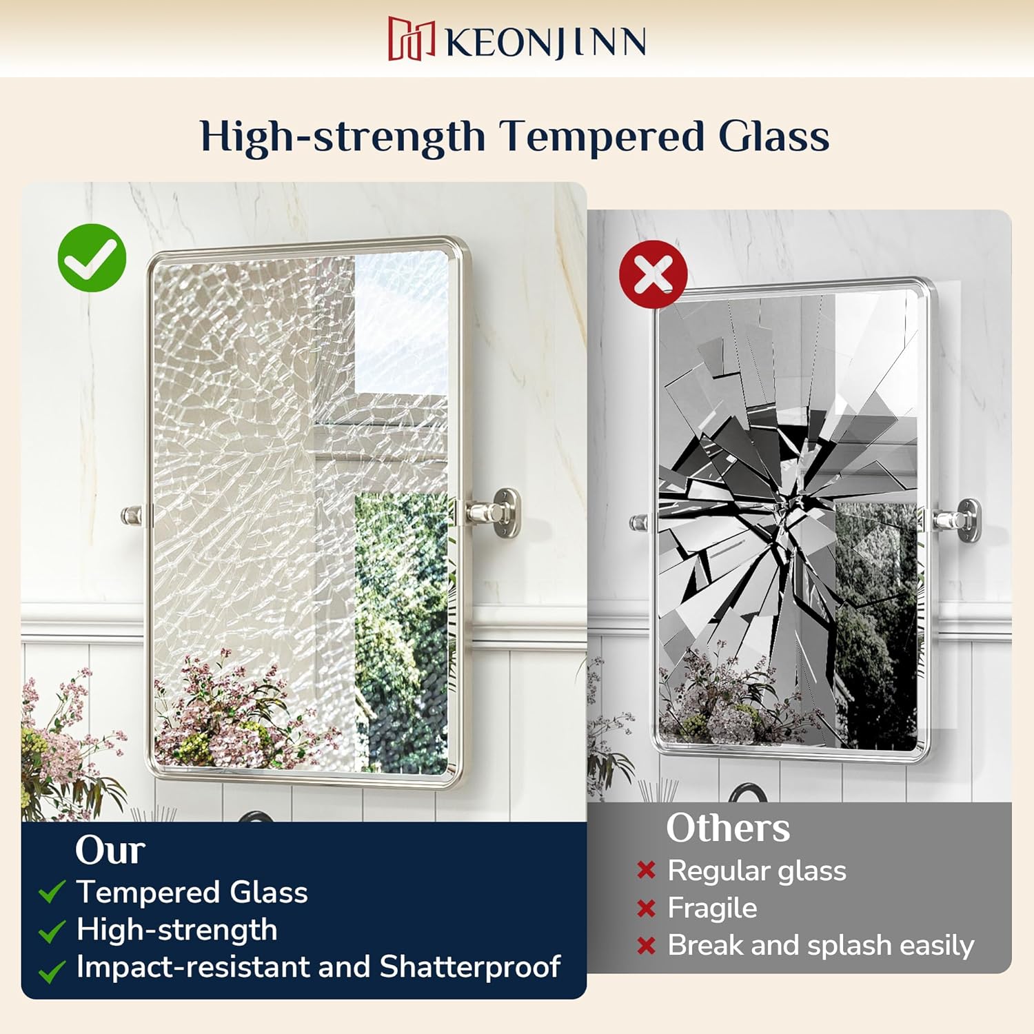 Keonjinn 40 x 30 Inch Large Pivot Mirror, Brushed Nickel Pivot Mirror Bathroom, Beveled Tilt Mirrors Bathroom for Over Sink, Rounded Corner Farmhouse Tilting Mirrors Wall Mount (Horizontal/Vertical)