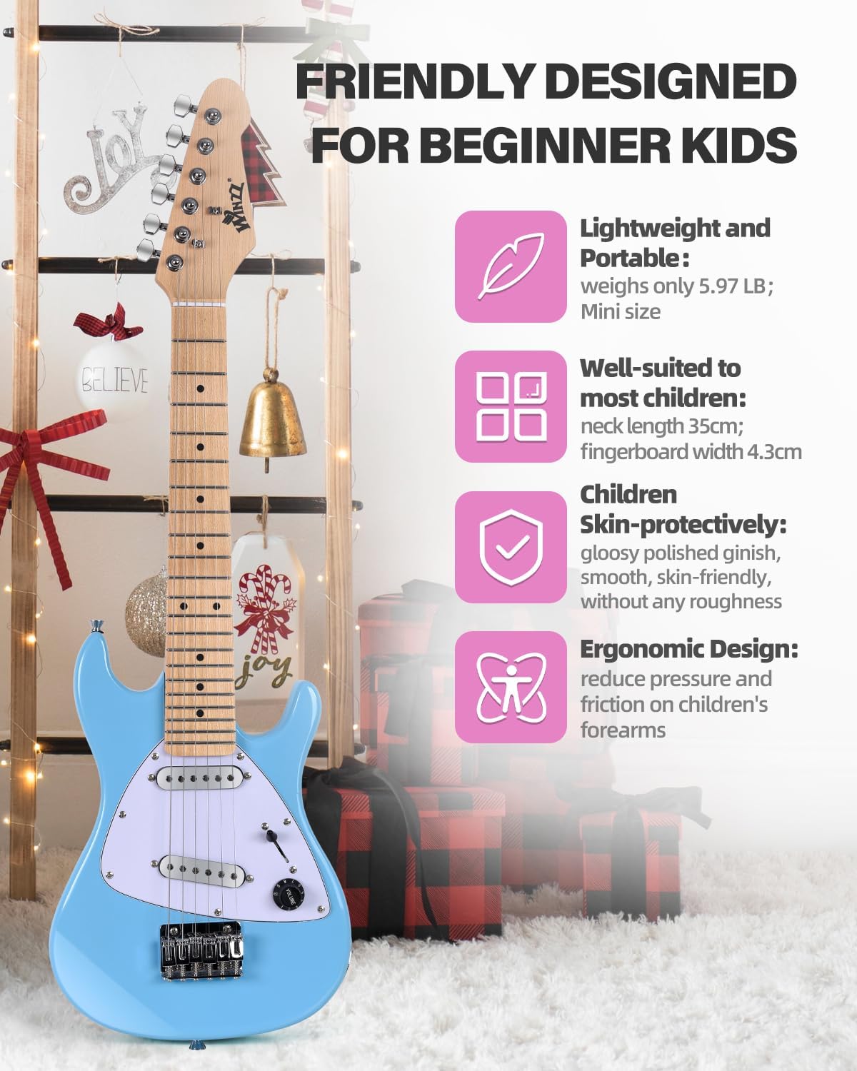 Winzz 30 Inch Kids Electric Guitar Beginner Kit, Junior 1/4 Size Mini Electric Guitar for Children Complete Stater Set with Amp, Gloosy Blue Colour