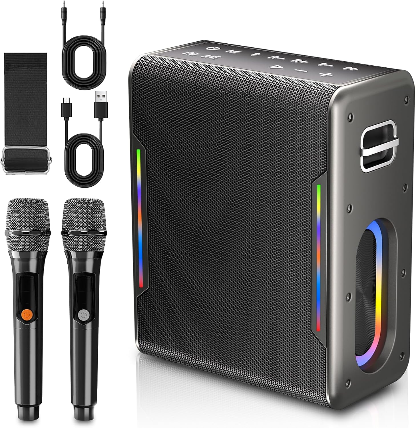 Karaoke Machine with Two Wireless Microphones, Powerful Portable Bluetooth Speaker for Adults & Kids, PA System with 2 Voice Mode, LED Lights, Supports BT/TWS/AUX/USB/TF for Party