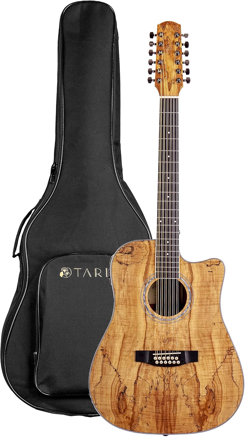TARIO 12 Strings Acoustic Electric Cutaway Guitar Spalted maple Top Mahogany back & sides Okoume Neck