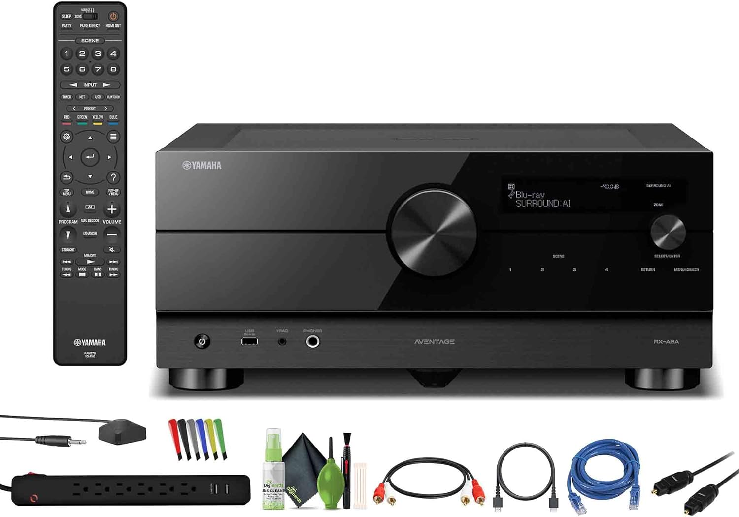 Yamaha AVENTAGE RX-A6A 9.2-Channel Surround Sound Network AV Receiver MusicCast Built-in Wi-Fi and Bluetooth Streaming Home Theater System Bundle with Accessories