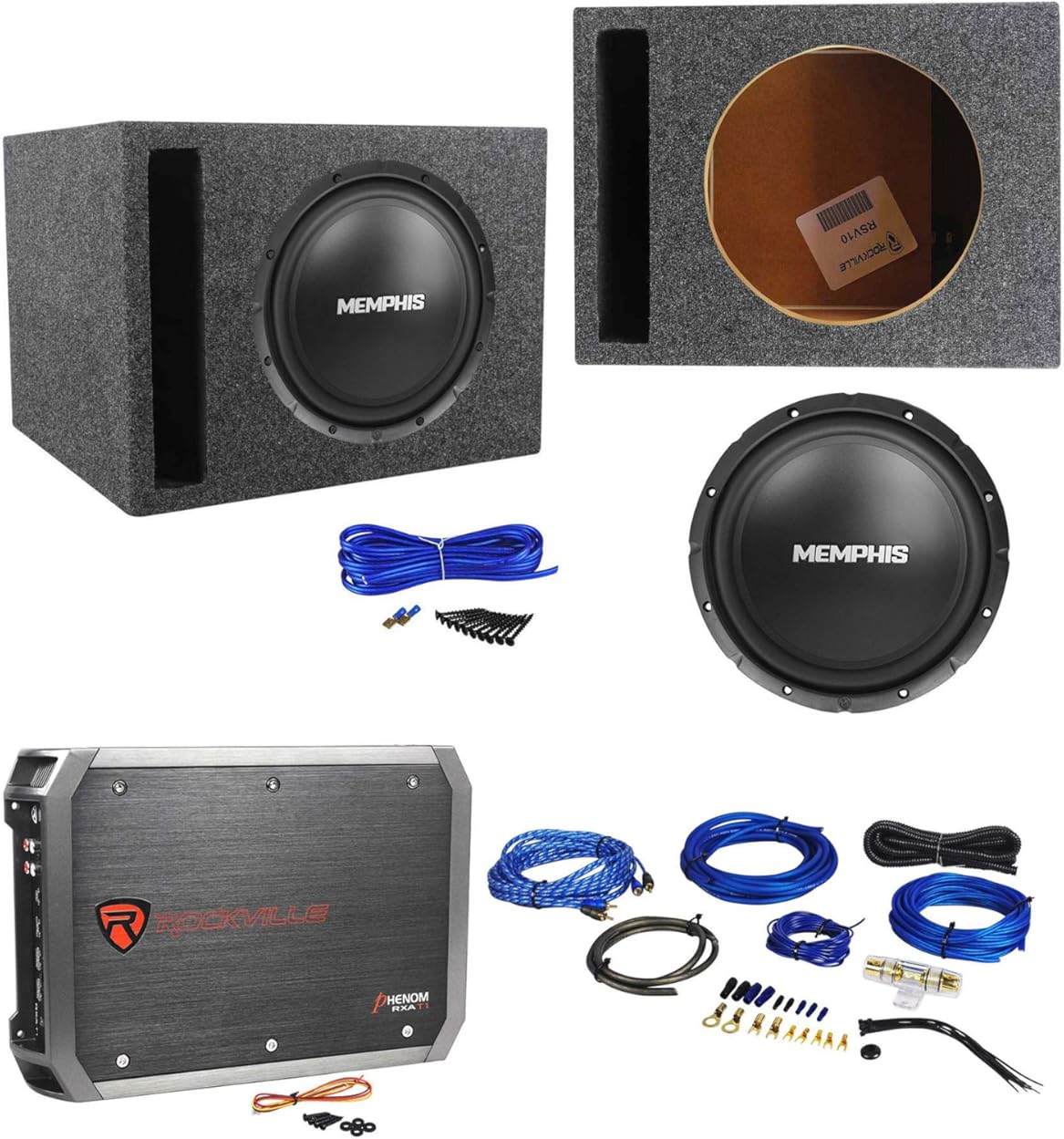 Memphis Audio SRX1040 Car Subwoofer Bundle with Rockville RXA-T1 Car Stereo Amp, RWK81 8 Gauge Amp Installation Kit, RSV10 Subwoofer Enclosure Box and Sub Box Enclosure Installation Kit