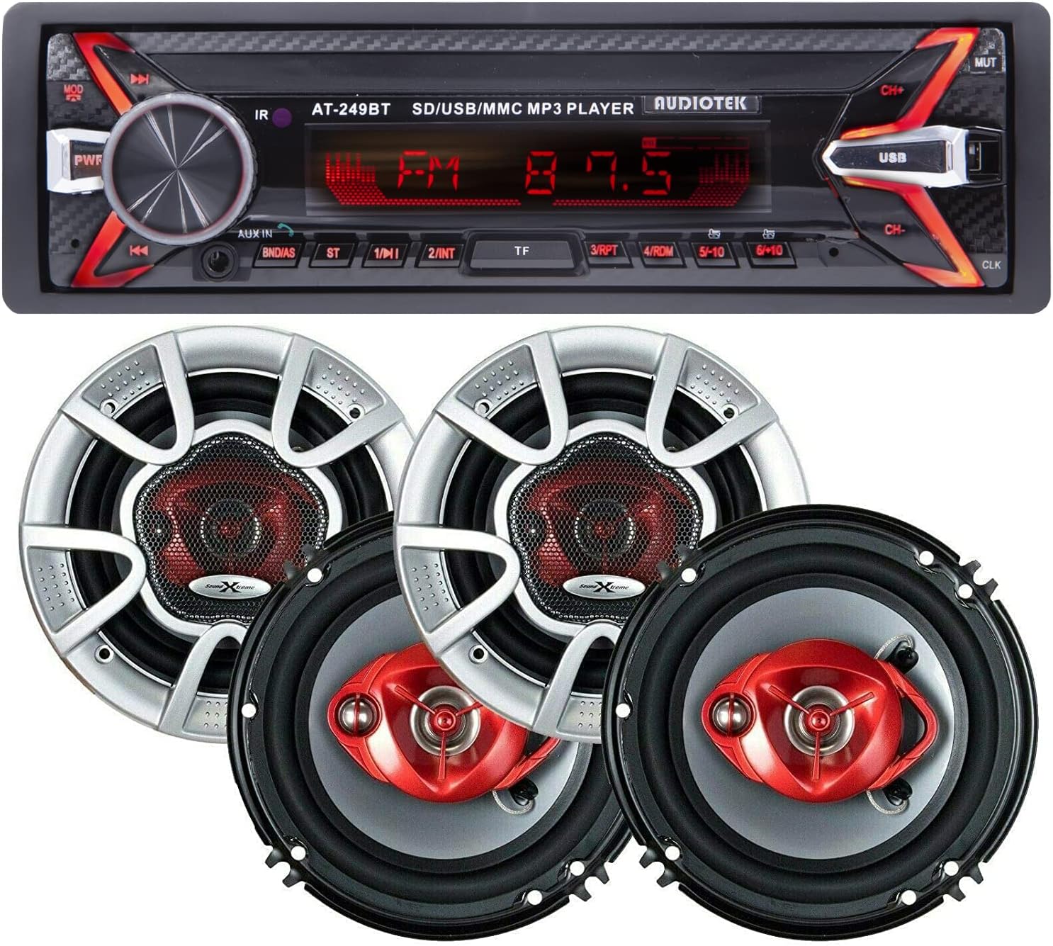 Audiotek AT-249BT Single Din Digital Car Stereo Receiver with Bluetooth/USB/FM / MP3 and 2xSoundXtreme ST-603 6-Inch 3-Way 350 Watts Peak Power Coaxial Car Speakers