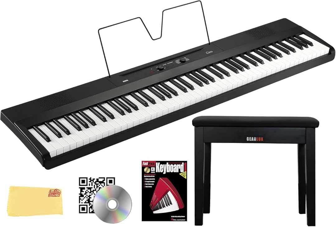 Korg L1 Liano 88-Key Digital Piano - Black Bundle with Furniture Bench, Instructional Book, Austin Bazaar Instructional DVD, and Polishing Cloth
