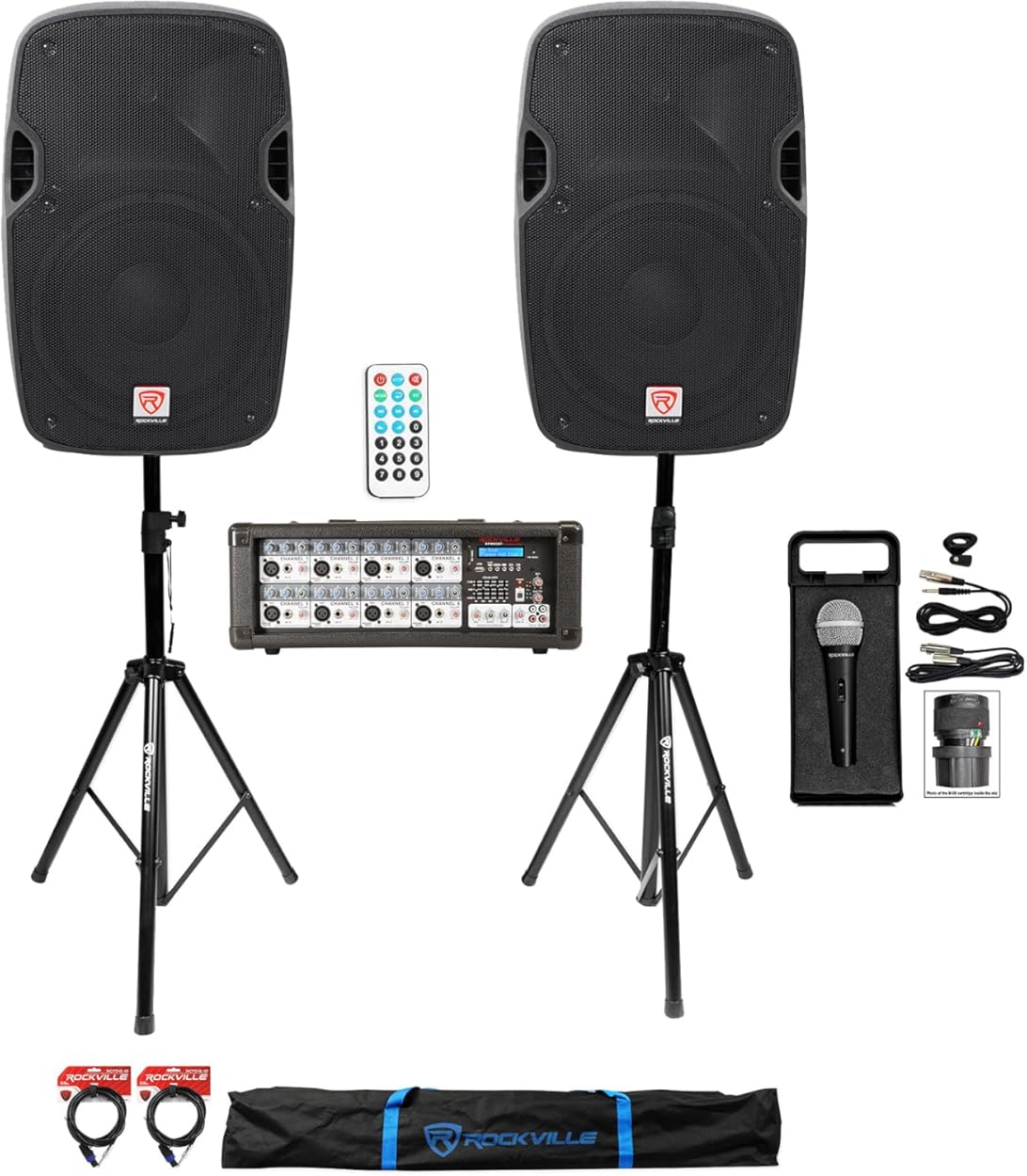 Rockville SPGN128 Bundle: (2) 12-in 1200W PA Speakers, RPM80BT 2400W 8-Channel Powered Mixer and Effects, RMC-XLR Metal Wired Mic with Cables, Tripod Speaker Stands and 20 ft Cables, 6-Items