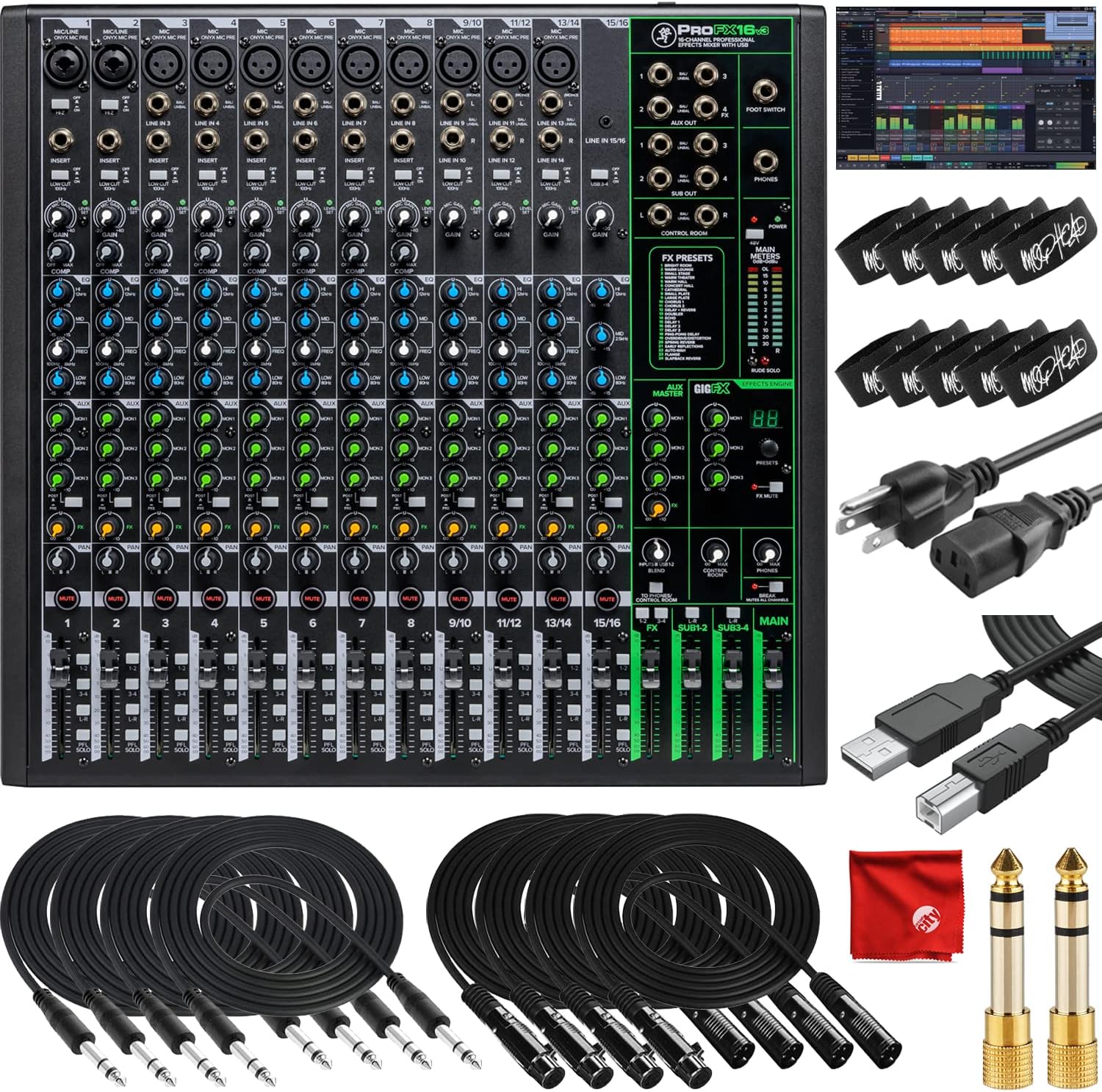 Mackie ProFX16v3 16-Channel Unpowered Mixer USB Bundle with Waveform OEM DAW, 4x Mophead 10-Foot TRS Cable, 4x 10-Foot XLR Cable, 2x 1/4