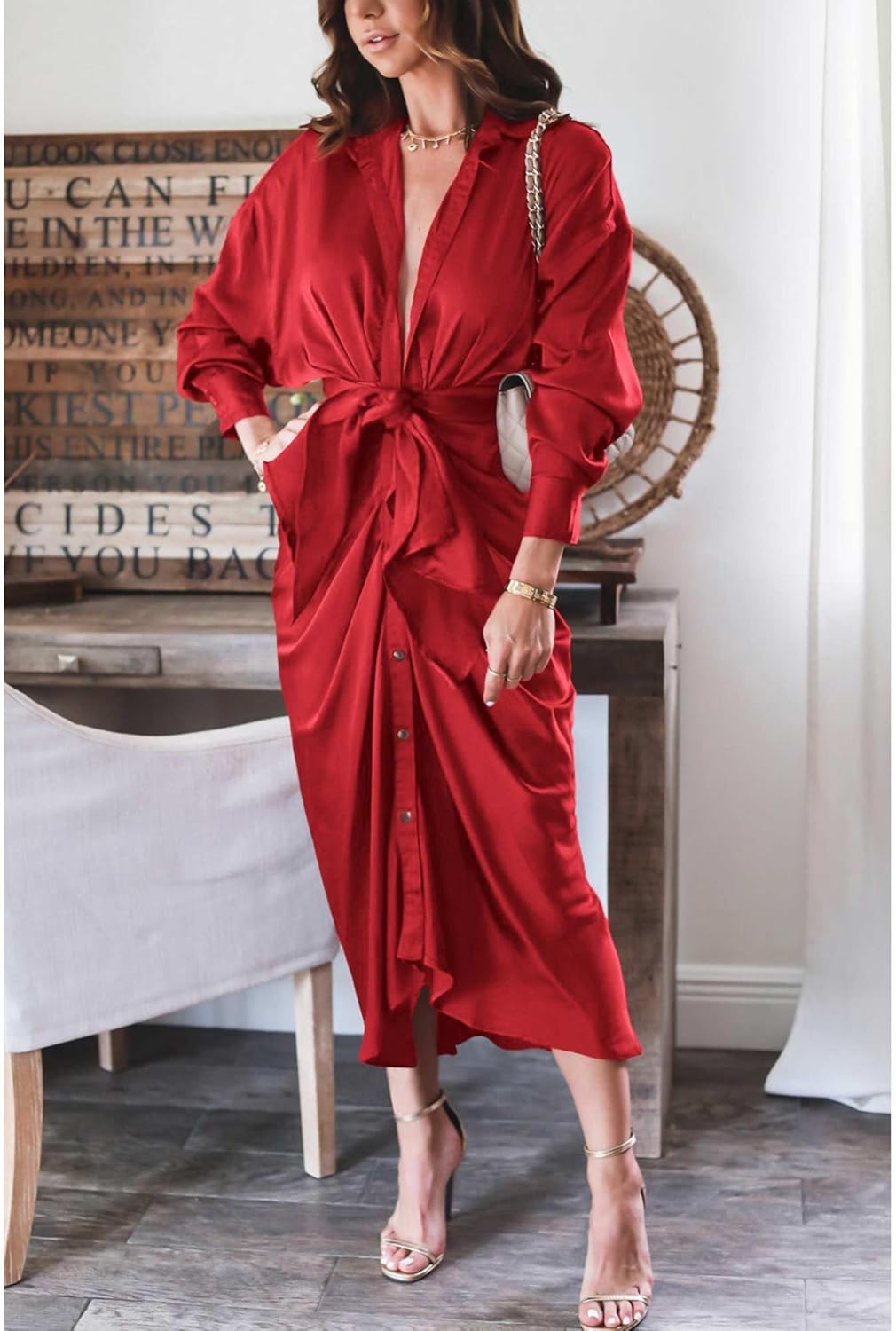 BTFBM Summer Dresses for Women 2026 Long Sleeve Lapel V Neck Button Down Elegant Belted Ruched Satin Shirt Spring Dress