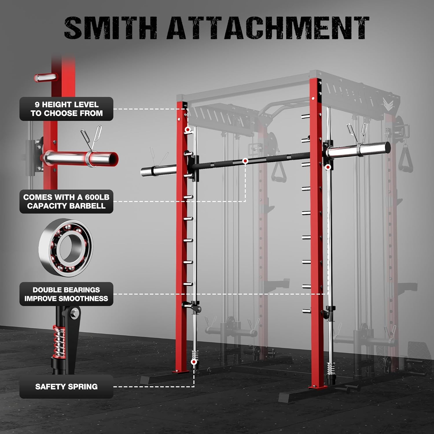 M21 Smith Machine, Multi-Function Power Cage with Dual Pulley Cable Crossover System, 2000LBS All-in-One Squat Rack with Smith Bar and Attachments for Home Gym Strength Training