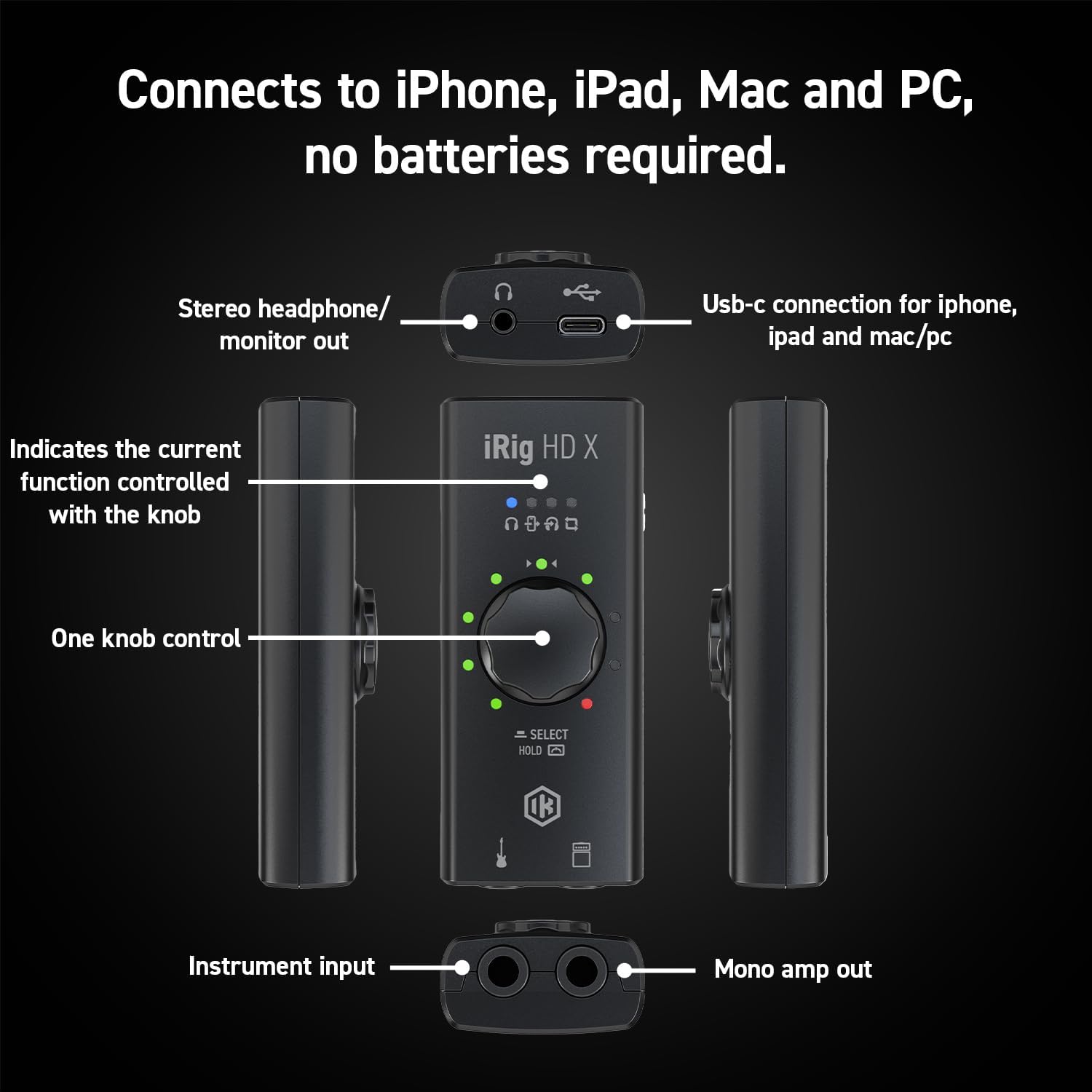 IK Multimedia iRig HD X Guitar Audio Interface - 96 kHz Music Recording, 24-bit, For iPhone, iPad, Mac, iOS, And PC With Lightning Cable, USB-C, Guitar Accessories, Recording Studio Equipment