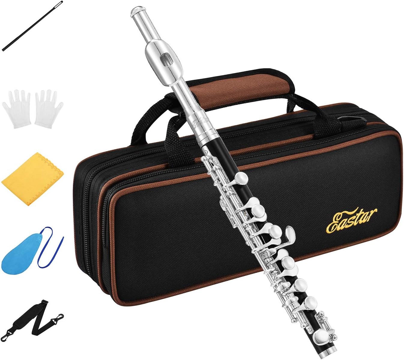 Eastar Piccolo Instrument for Beginners Students, Key of C Flute, Resin, Hard Case, Cleaning Kit, Gloves, 2-Piece, Black, EPC-3S