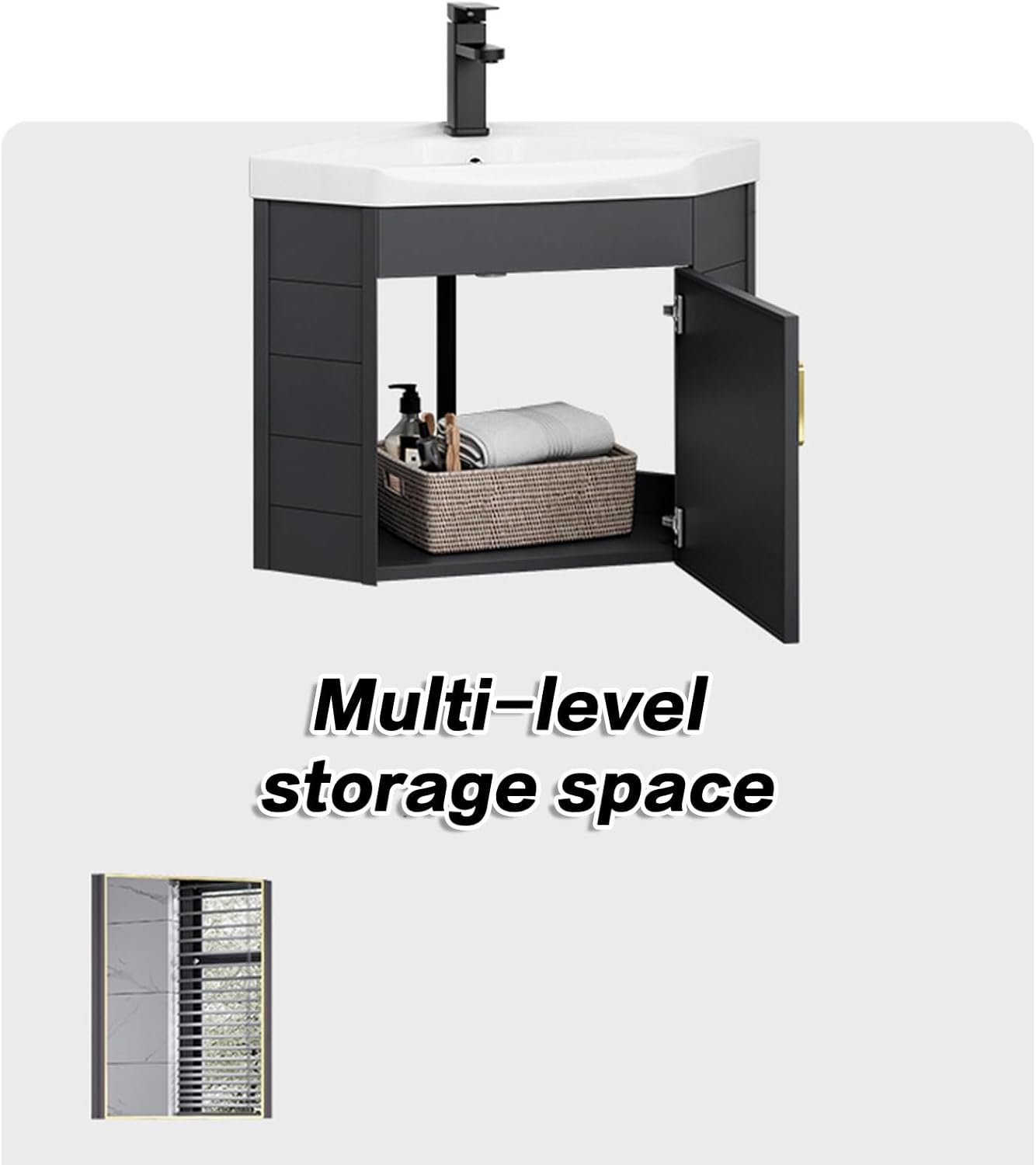 Wall Mount Vessel Sink,Ceramic Sink,Bathroom Corner Basin Sinks, Corner Bathroom Vanity Sink Combo Wall Mounted Cabinet Set for Small Space,with Mirror-55cm