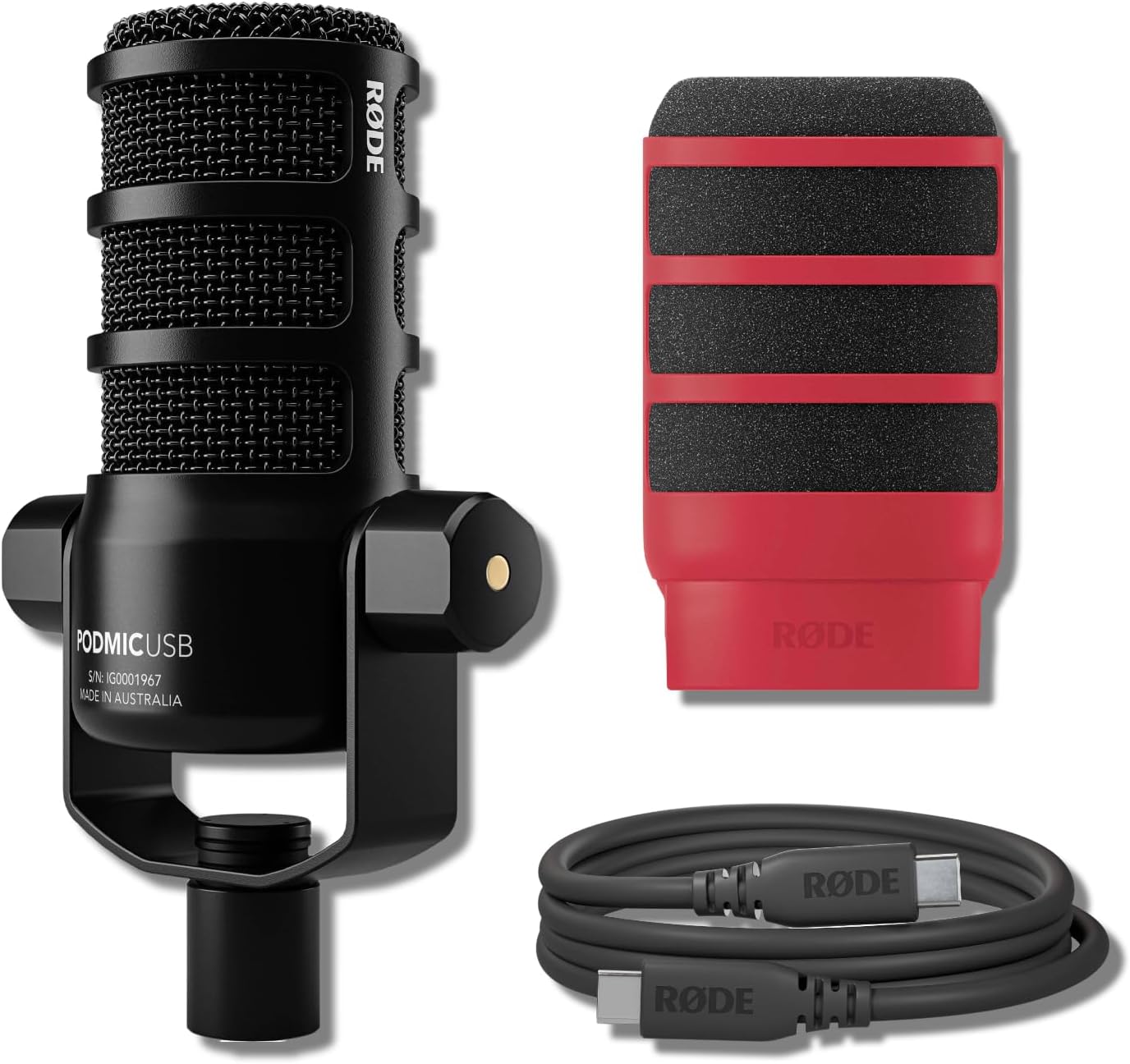 Rode PodMic USB Dynamic Broadcast Microphone with Red WS14 Pop Filter