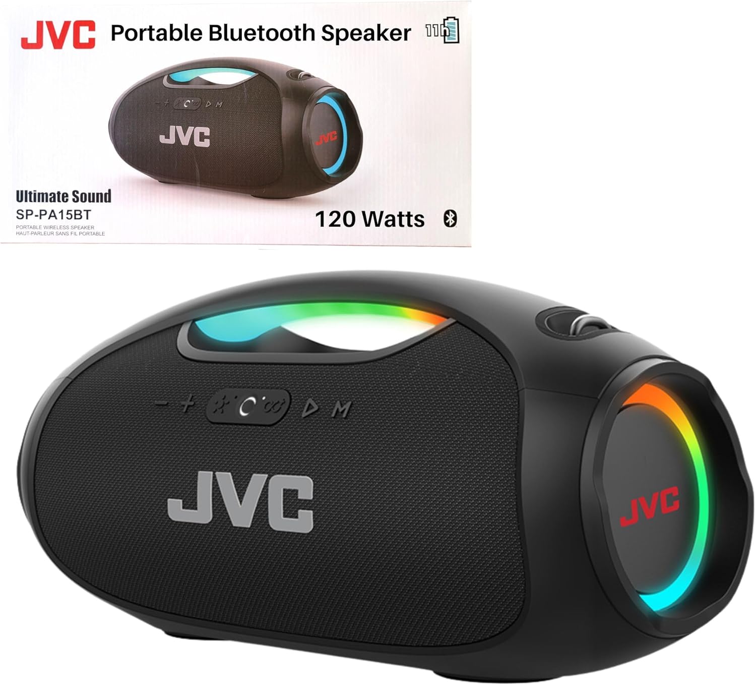 JVC Portable Wireless Bluetooth Speaker - 120W with Dual Woofer Deep Bass, RGB Lighting, Indoor/Outdoor Boombox, Bluetooth 5.3, IPX6 Water Resistant, USB-C, 11-Hr Playtime, 2 Sound Modes - SP-PA15BT