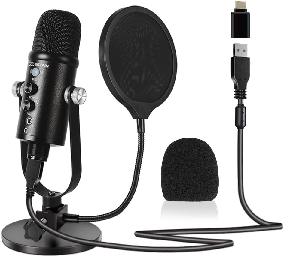 USB Condenser Microphone Compatible with PC/iPhone/Android,Computer Mic with Noise Cancelling & Reverb, Studio Microphone for Voice and Music Recording,Podcasting,Streaming,Gaming
