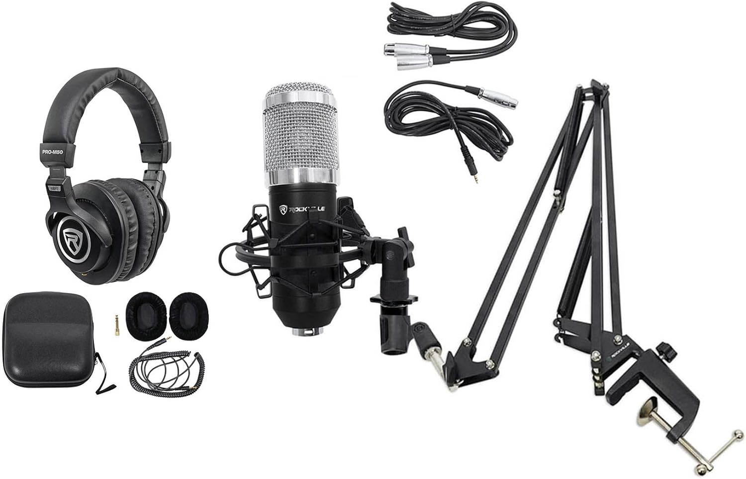 Rockville RCM01 Bundle: Pro Studio Recording Condenser Microphone with Metal Shock Mount, DMS40 40 in Adjustable Boom Arm Mic Stand with Desk Clamp, PRO-M50 Studio Headphones with Case, 3-Items