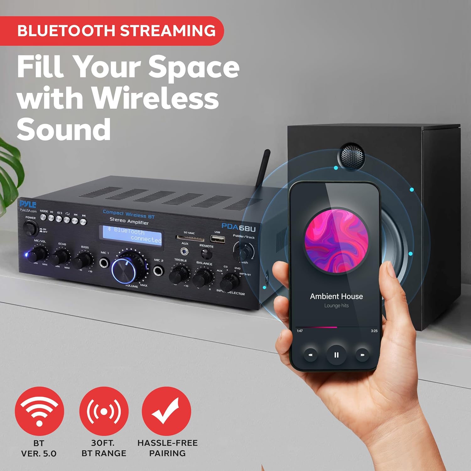 Pyle Wireless Bluetooth Power Amplifier System - 200W Dual Channel Sound Audio Stereo Receiver w/ USB, SD, AUX, MIC IN w/ Echo, Radio, LCD - For Home Theater Entertainment via RCA, Studio Use - PDA6BU