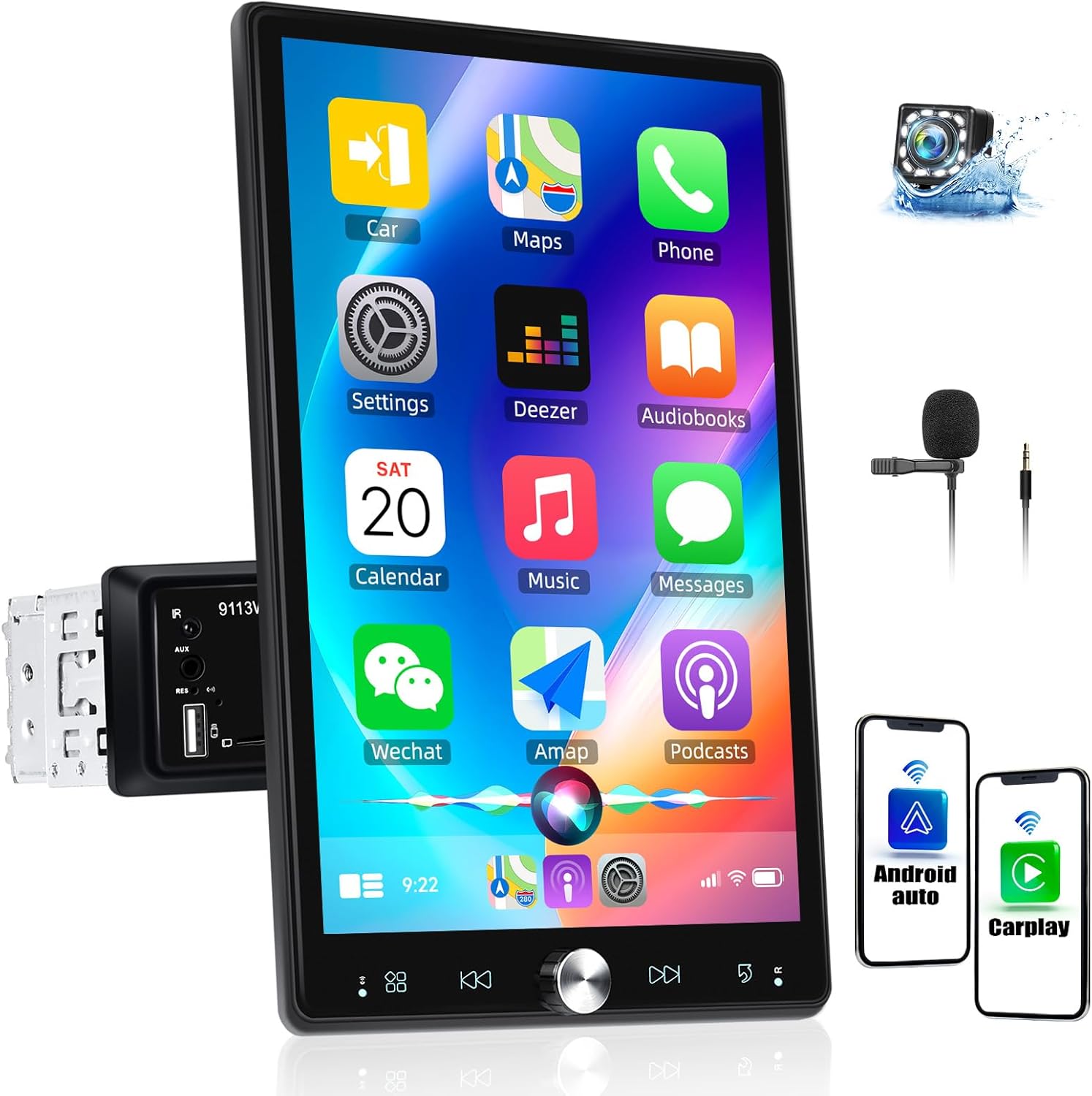 CAMECHO Single Din Car Stereo with Wireless Apple Carplay Android Auto, 10.4