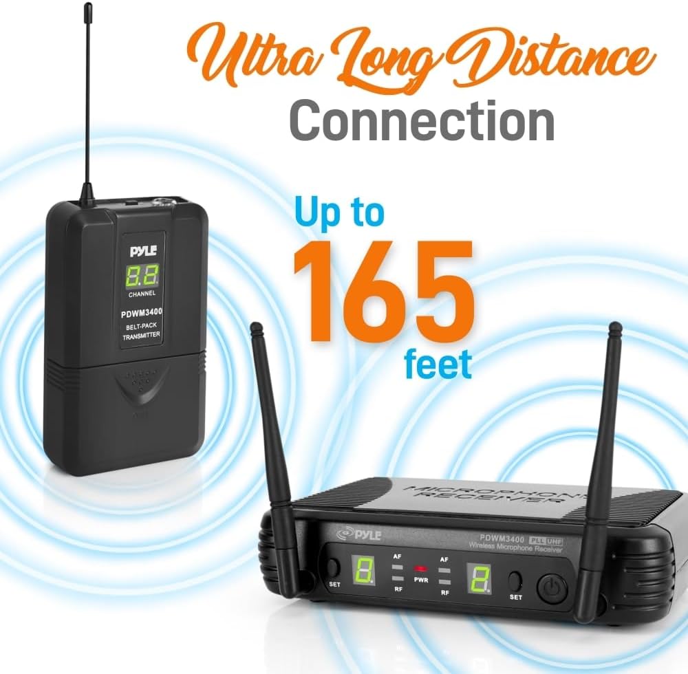 Pyle 2 Channel Wireless Microphone System - Portable UHF Digital Audio Mic Set with 2 Headset, 2 Lavalier lapel, 2 Transmitter, ¼’’ cable, power adapter - For Karaoke, PA, DJ, - PDWM3400,Black
