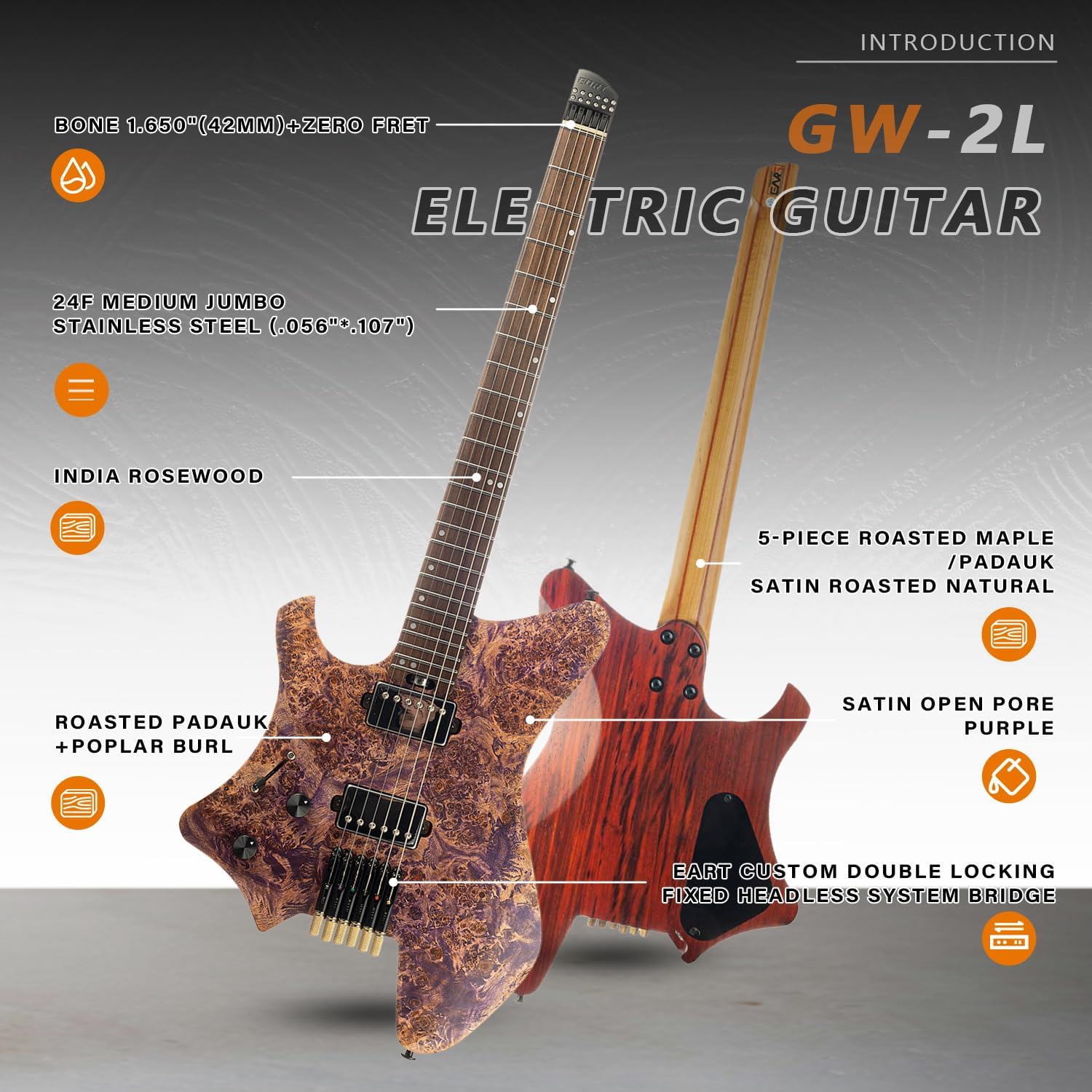 EART GW2L Headless Electric Guitar - Roasted Padauk/Poplar Burl Solid-Body, Compound Radius Neck, Custom Alnico-V Pickups, Headless Bridge System - Left Hand