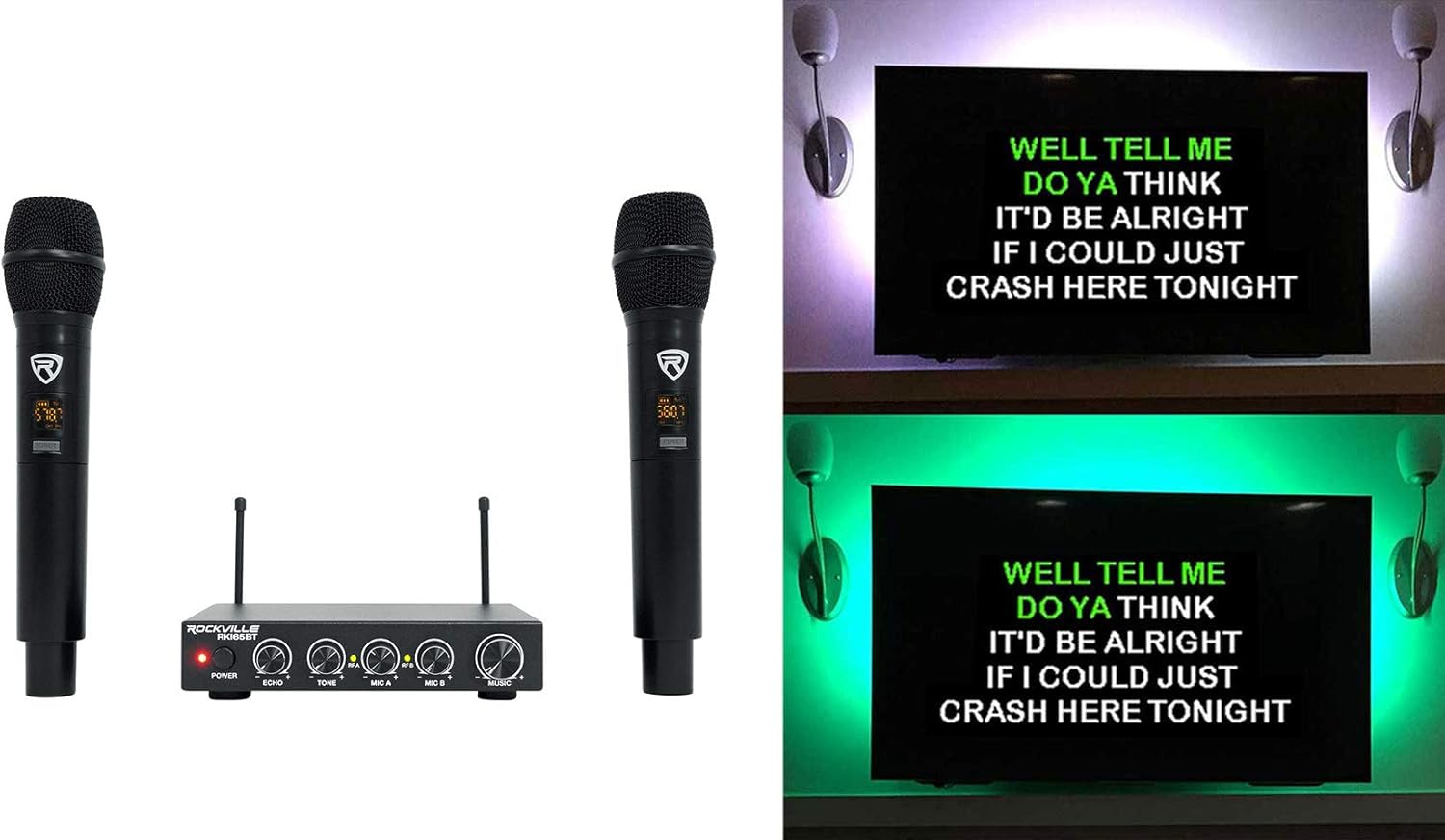 Rockville RKI65BT Dual UHF Wireless Microphones+Bluetooth Karaoke Mic Interface Bundle with NYC Acoustics USB RGB LED Light Strip to Backlight Your TV/Monitor with Remote