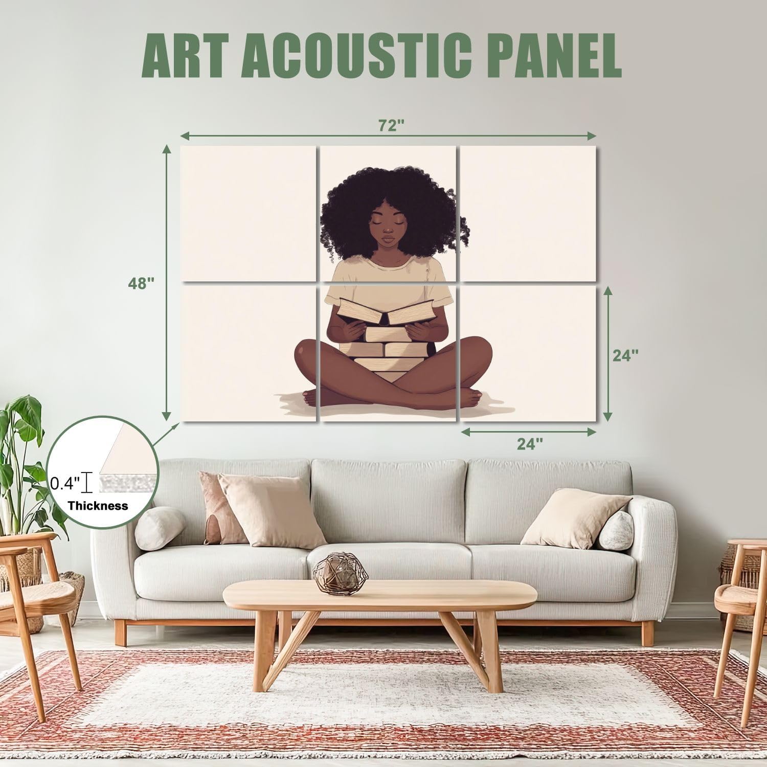 6 Pack Art Acoustic Panels Sound Absorbing African Girl Book Lover Modern Woman Reading Books Curly Hair Relaxed Decorative Soundproof Wall Panels Self Adhesive for Recording Studios Office 72
