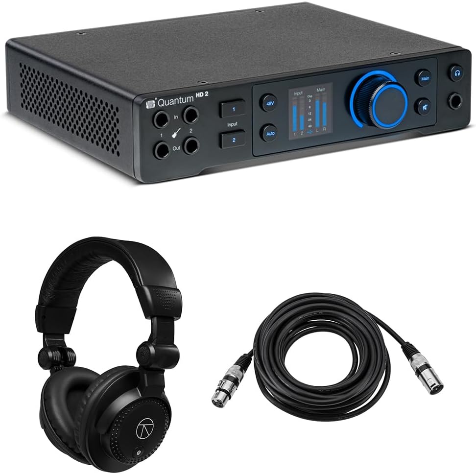PreSonus Quantum HD 2 20x24 32-Bit USB-C Audio Interface, Bundle with TAPH100 Monitor Headphones and 25' Microphone Cable