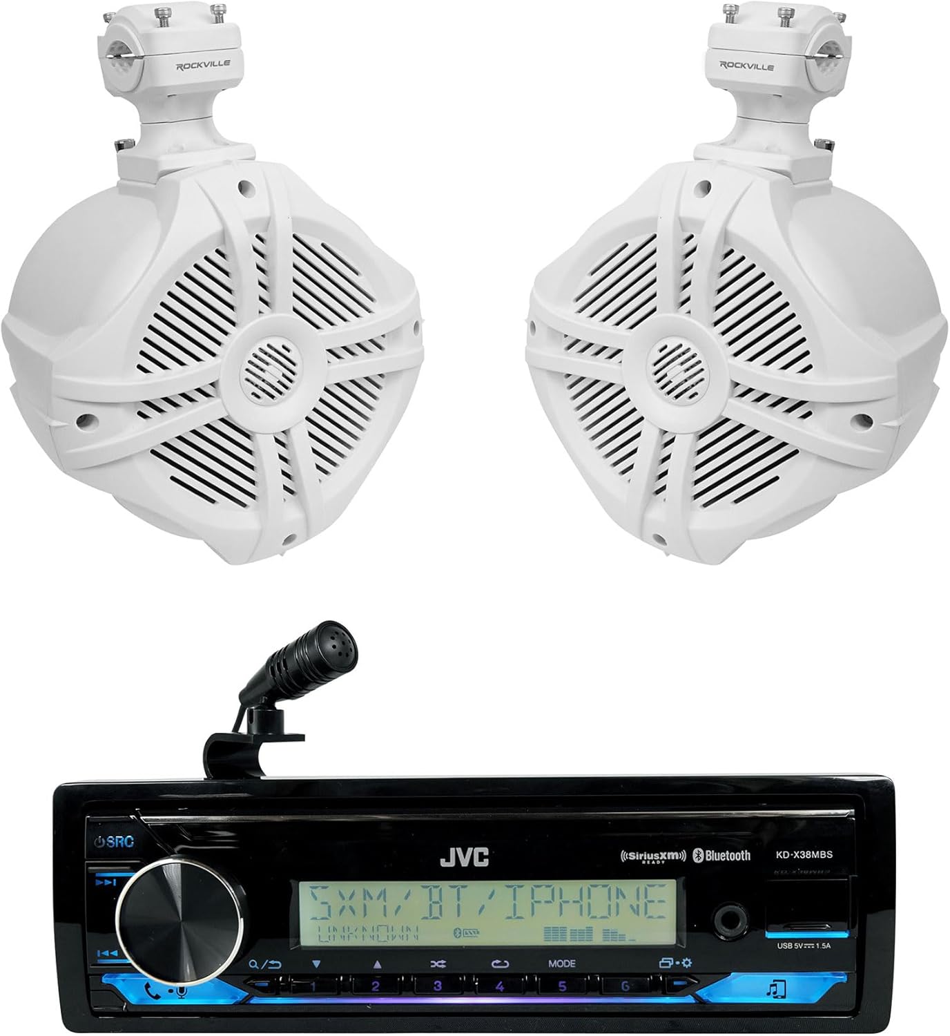 Audiosavings Bundle: JVC KD-X38MBS 1-Din Car/Marine/UTV/Motorcycle Stereo Receiver w/Bluetooth/USB Bundle with Pair Rockville RWB70W 6.5