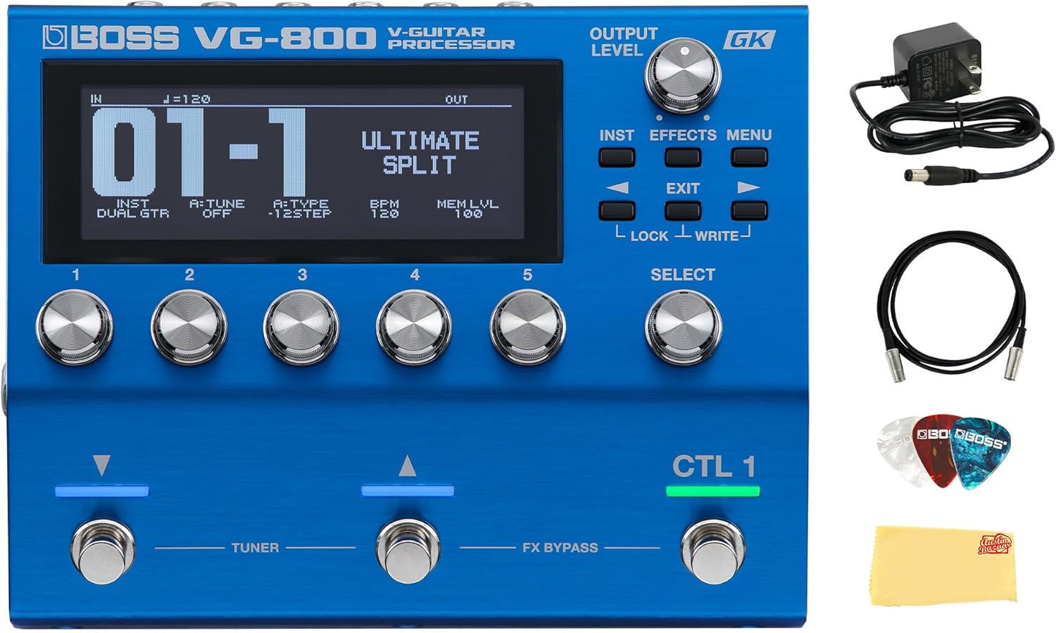 Boss VG-800 V-Guitar Processor Bundle with Gearlux Power Supply, MIDI Cable, Picks, and Austin Bazaar Polishing Cloth