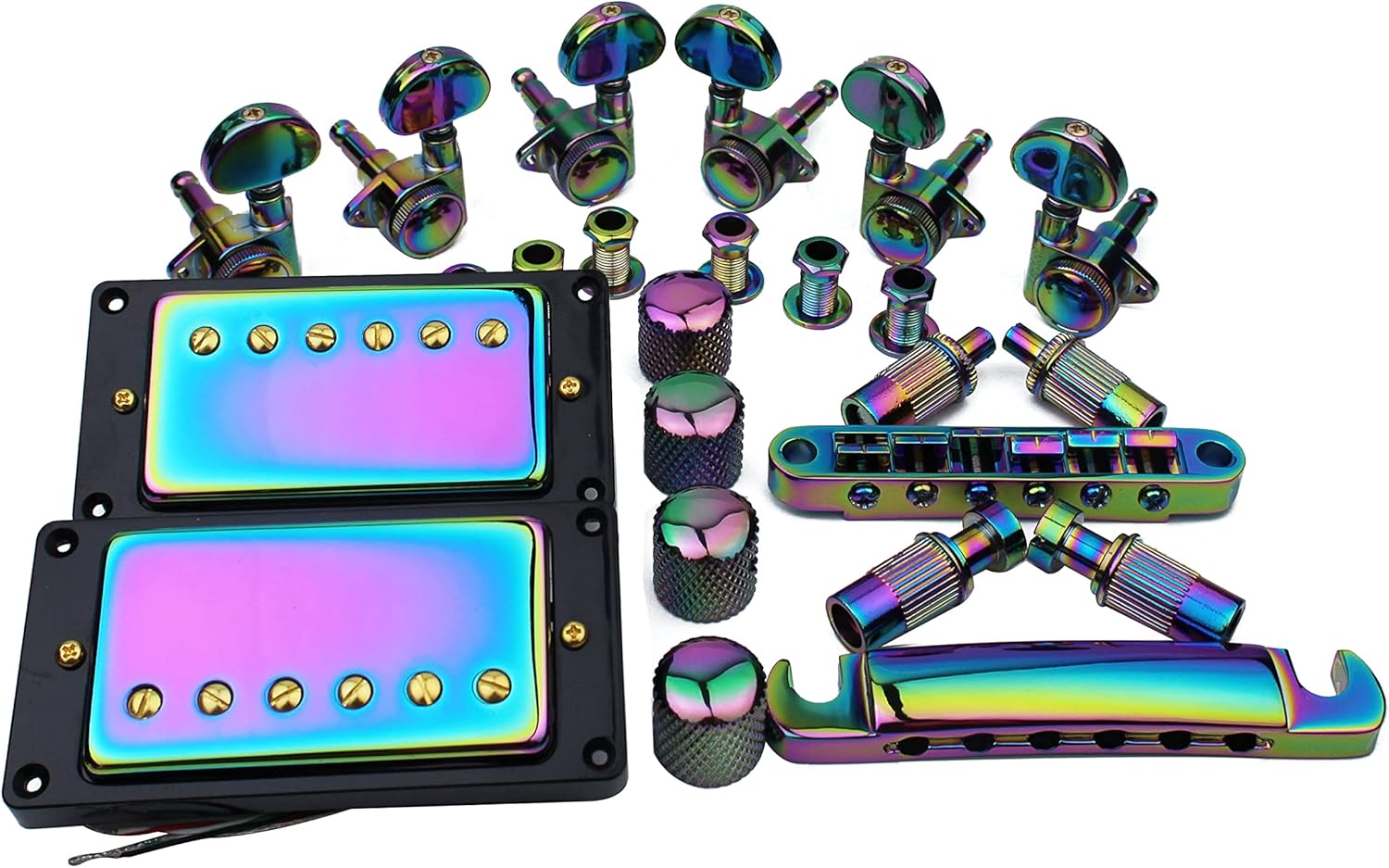 Guyker Rainbow Electric Guitar Accessories Set, Locking Tuners + Pickups + Potentiometer Knobs + Tune-O-Matic Bridge & Tailpiece, Compatible with Les Paul LP Guitar