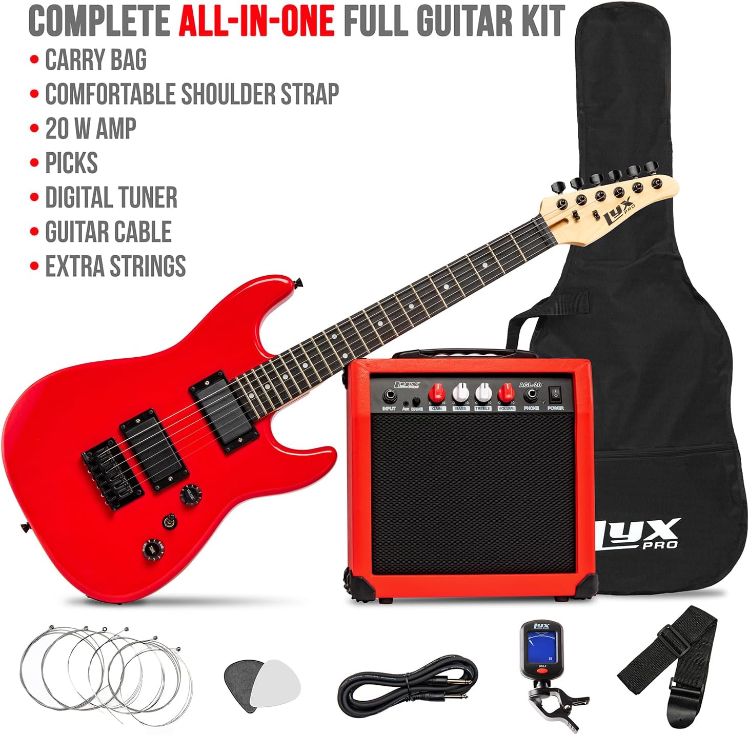 LyxPro 36 Inch Electric Guitar and Kit for Kids with 3/4 Size Beginner’s Guitar, Amp, Six Strings, Two Picks, Shoulder Strap, Digital Clip On Tuner, Cable and Soft Case Gig Bag -Red