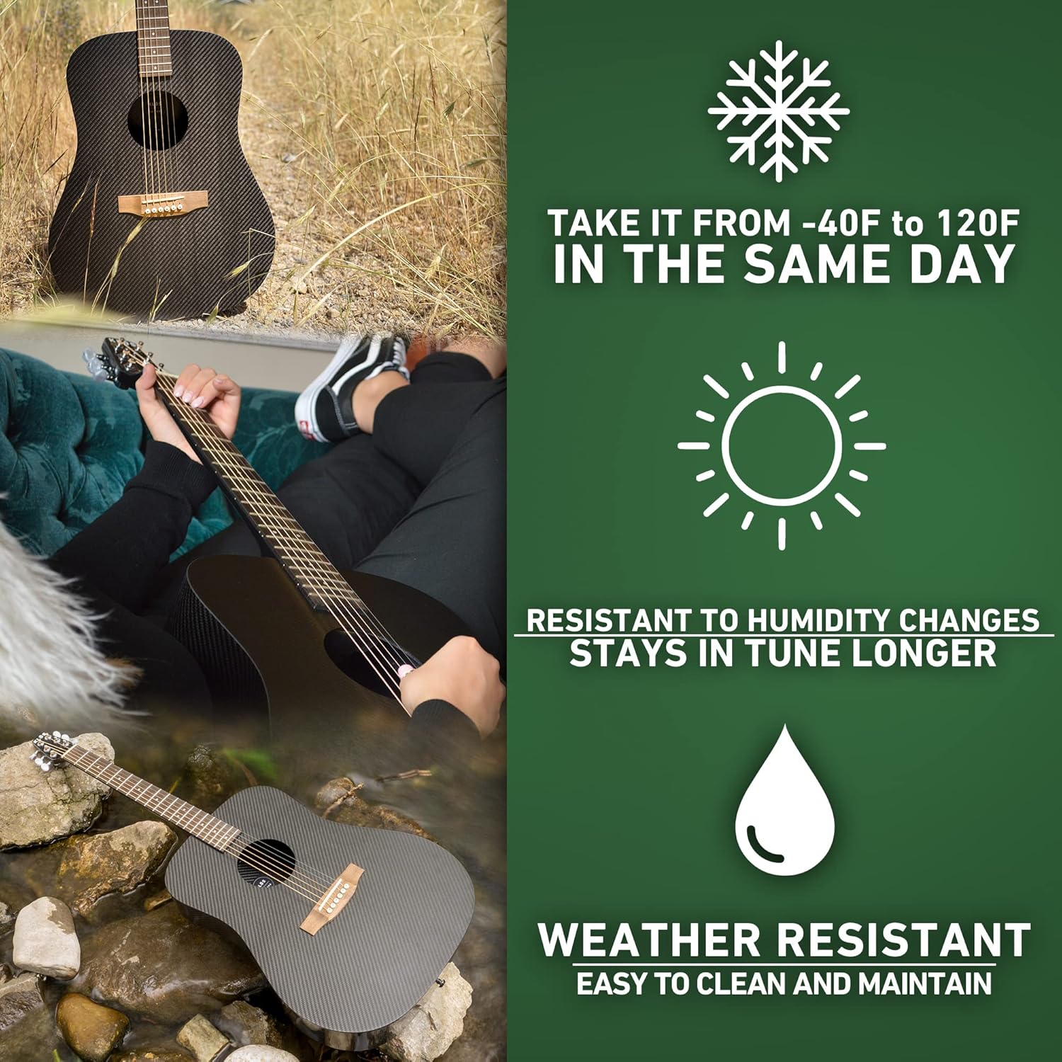 KLOS Full Size Guitar, Durable Carbon Fiber Acoustic Guitar - Black with Gig Bag, Strap, Capo, and more