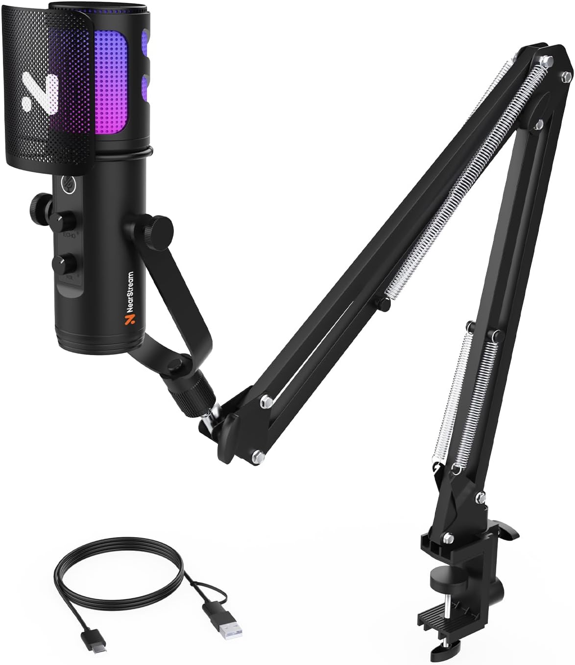 NearStream RGB Gaming Microphone for PC with Noise Canceling/Monitor/Mute/Gain/Removable Pop Filter, USB Condenser Mic with Boom Arm for Stream/Podcast/Twitch/Discord/YouTube/PS4/PS5(AM30U)