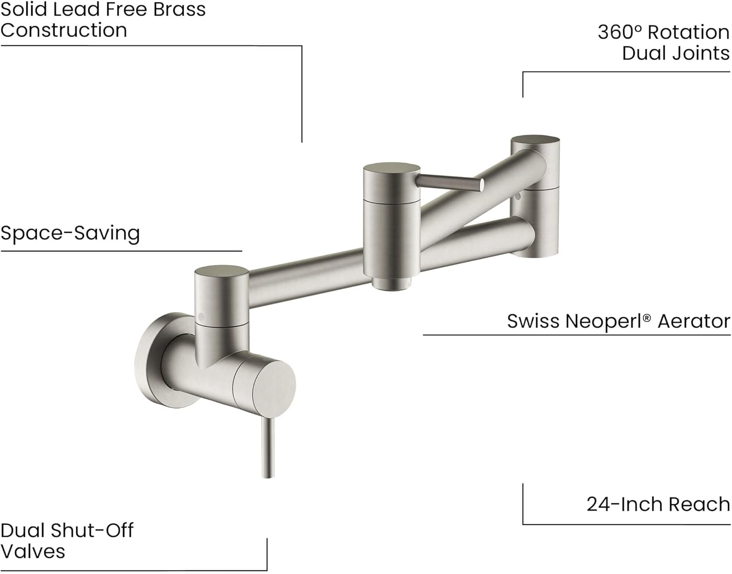 KIBI Brushed Nickel Finish Circular Pot Filler Faucet | Wall Mount Kitchen Faucet | Solid Brass, 360 Degree Swivel, Single Handle, Hot and Cold Water | Kitchen and Bar Use | (KPF601)