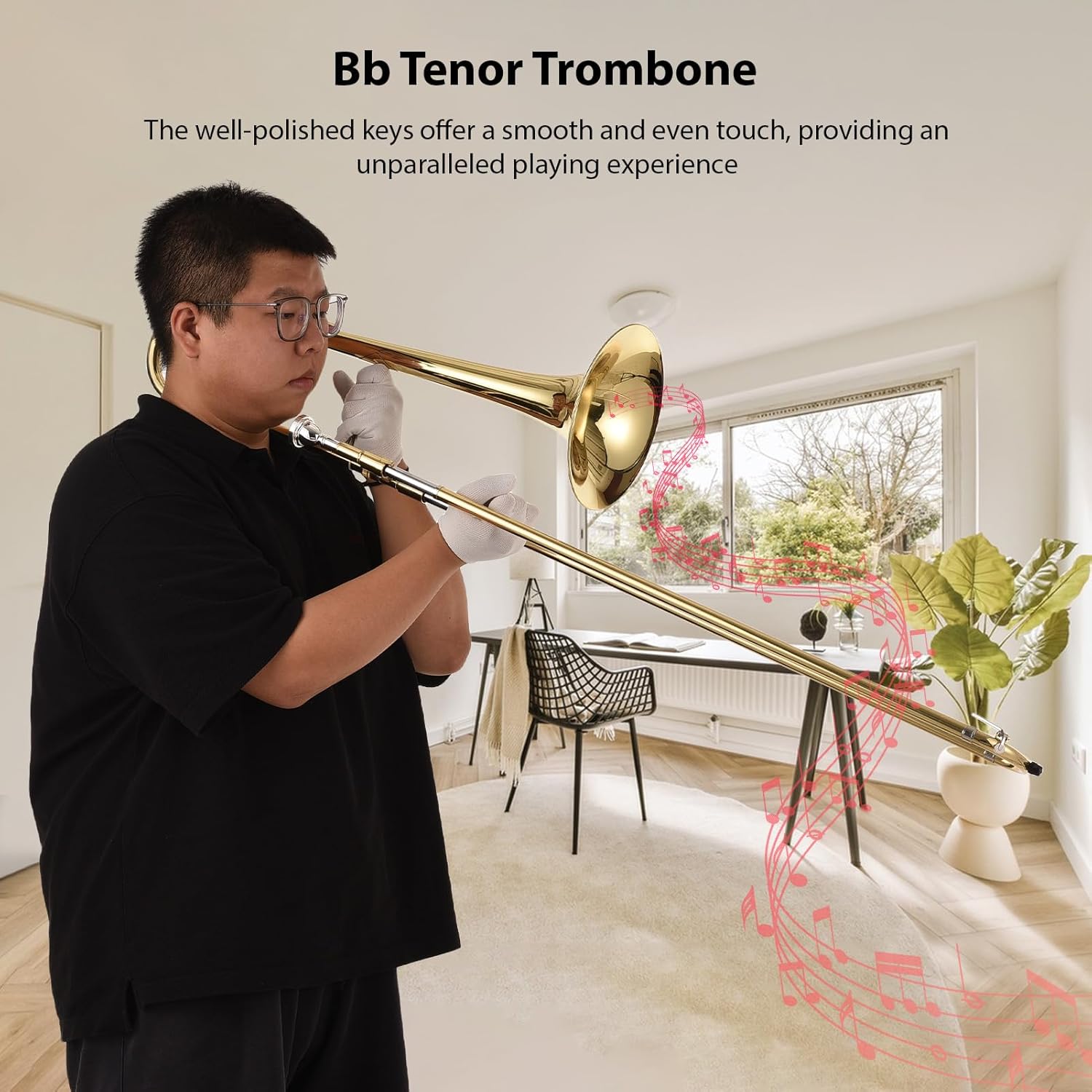 Bb Tenor Trombone for Beginners, Brass Plated, with Mouthpiece, Carrying Case, White Gloves, ing Cloth