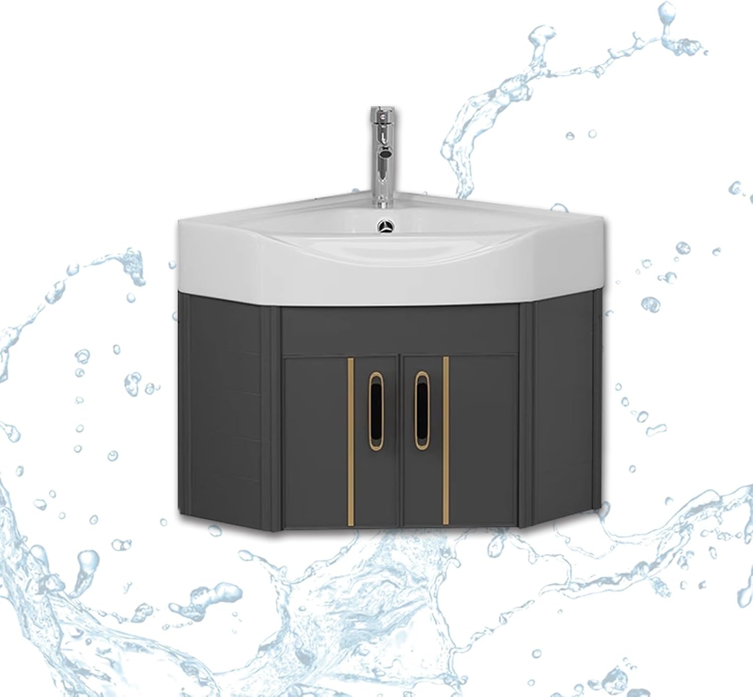 Ceramic Small Space Wall Mounted Cabinet Set,Corner Bathroom Vanity cabinets,Bathroom Cabinet with Faucet and Drain,for Home Kitchen Patio Laundry Room.(Color:Black,Size:56 * 56cm)