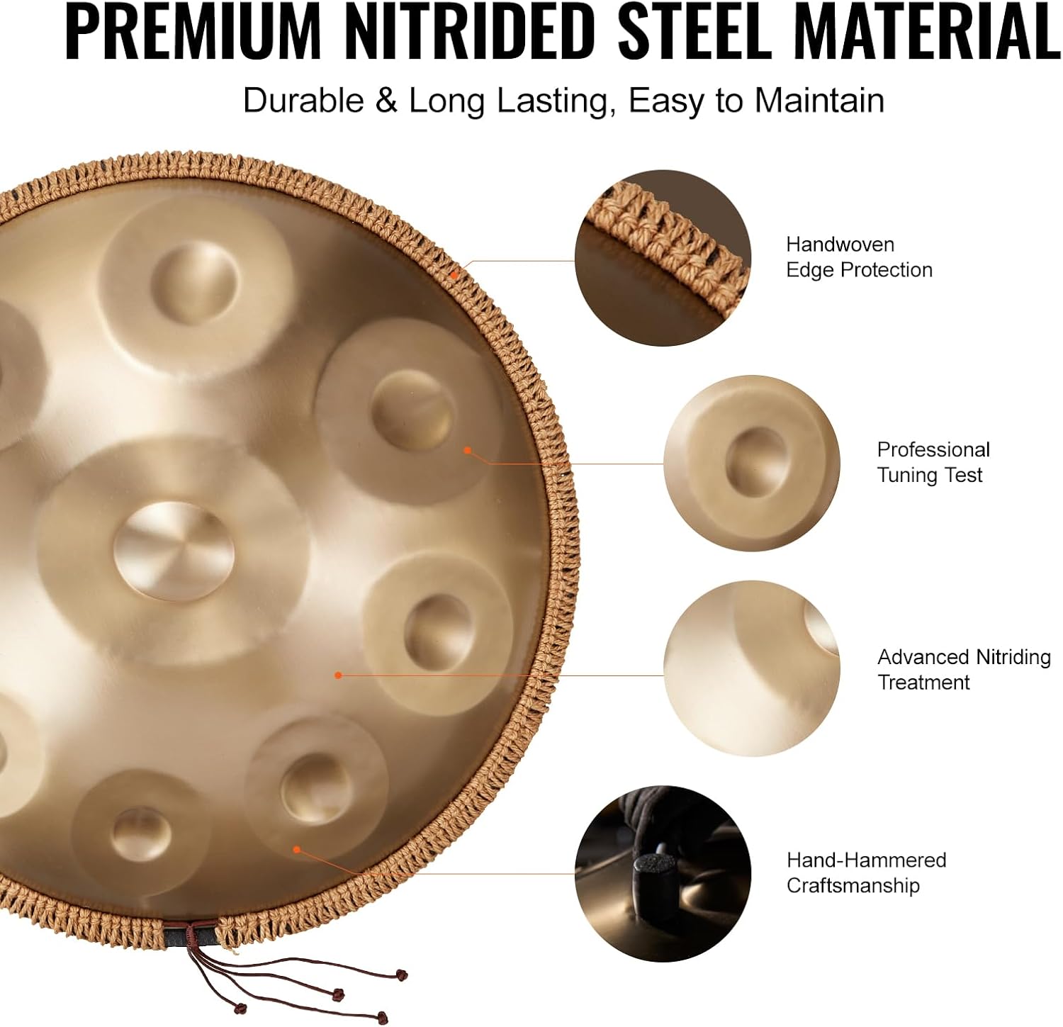 VEVOR Golden-9 22 in & 9 Notes, D Minor, Hand Pan Mallets, 440Hz Handpan Stand & Carry Bag, Steel Healing Sound Drum, Percussion Instruments for Adults Beginners Tone