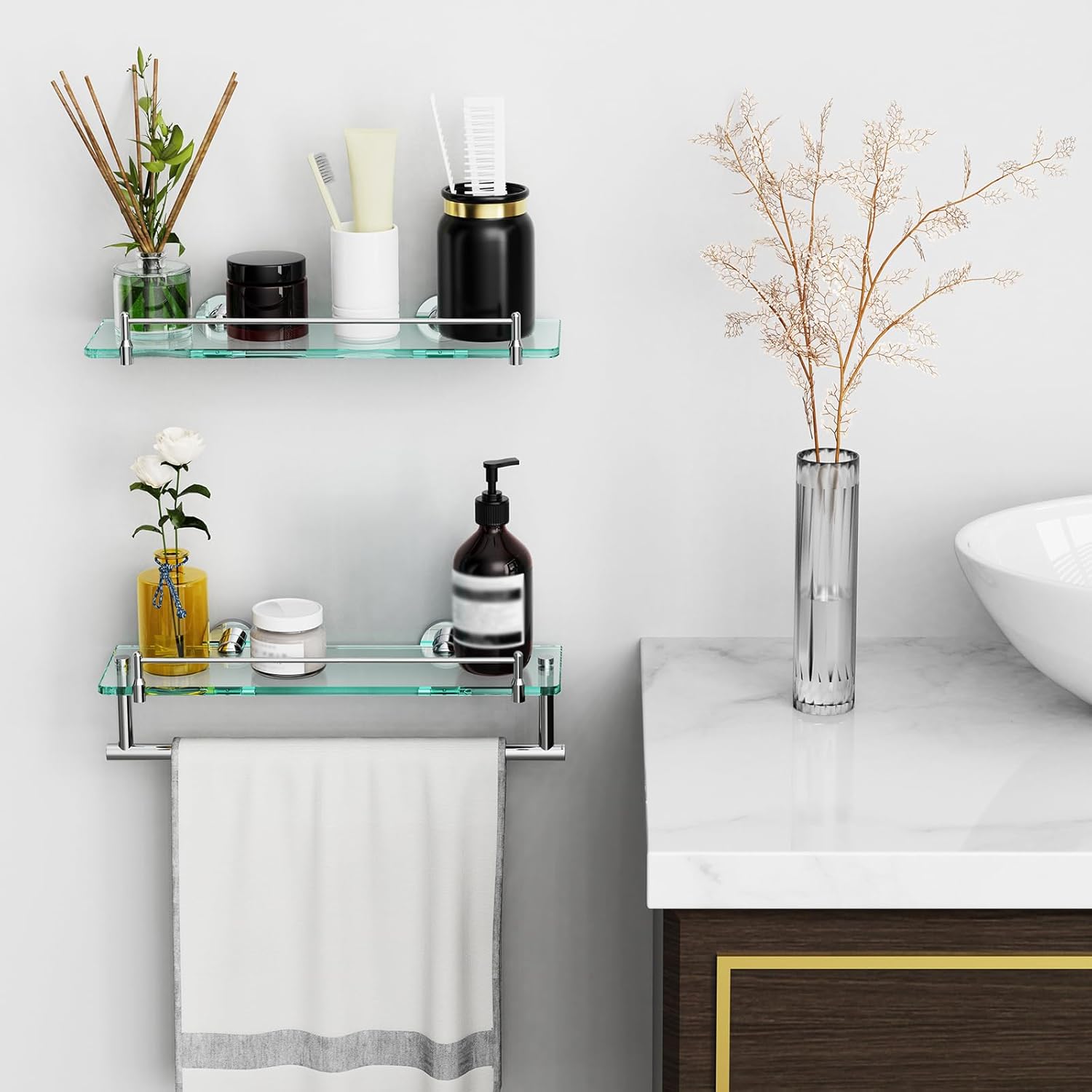 Glass Shelf for Bathroom 2 Pack,16-Inches Floating Glass Shelves Towel Bar/Track(Chrome Polished)