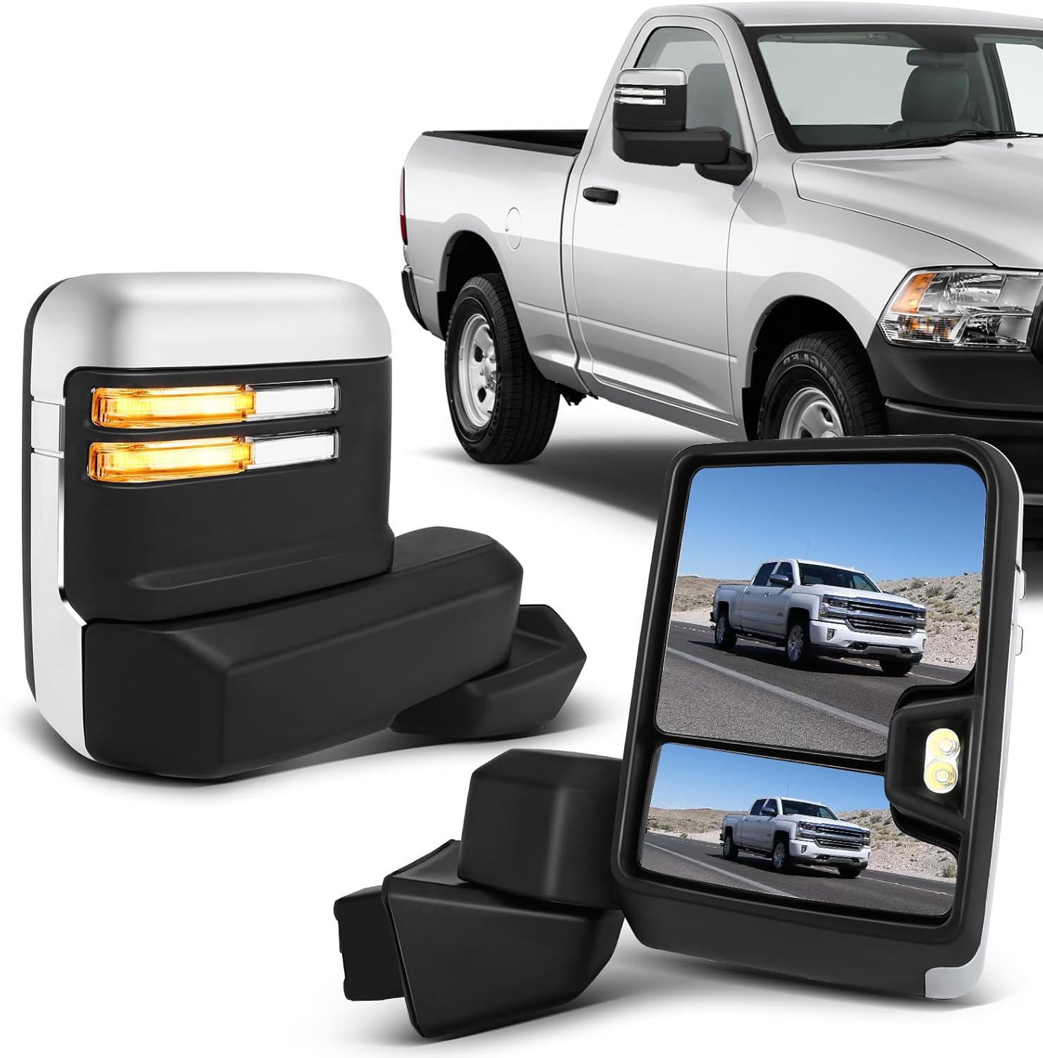 ECCPP Towing Mirrors With 2019-2022 For Chevy For Silverado 1500 Power Heated Turn Signal Width Puddle Running Back-Up Light Temp Sensor Black Pickup Truck Mirrors