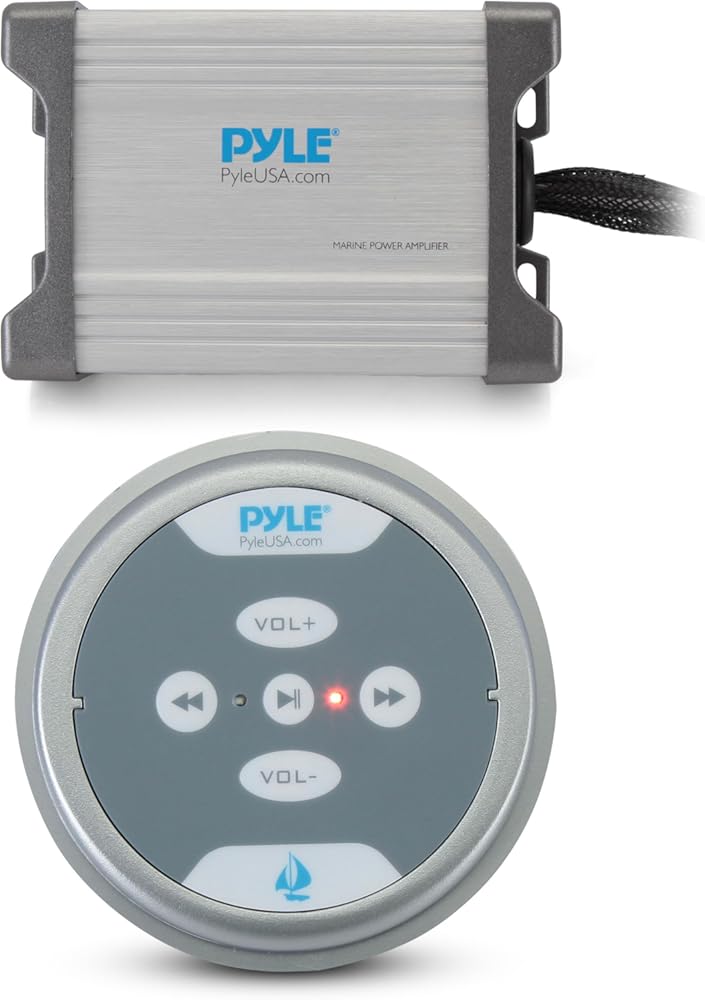 Pyle 600W Marine Grade Bluetooth Amplifier – 2-Ch Waterproof Audio Amp with AUX/RCA/MP3 Inputs, Rugged Construction, Volume Control, Flush Mount Controller for Boat & Mobile Sound Systems