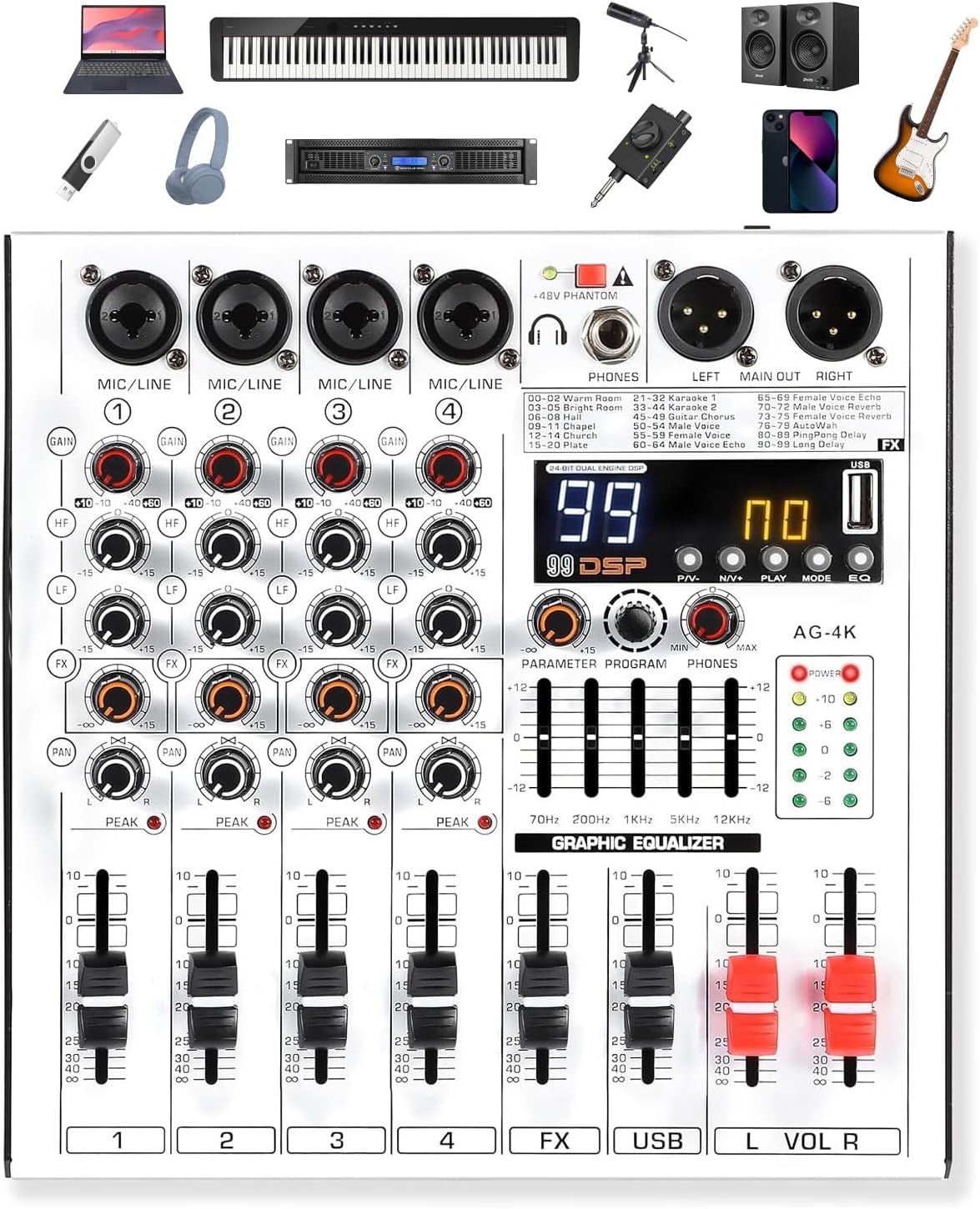 4 Channel Professional Audio Mixer with 4 MIC/LINE Inputs, 5-Band EQ, 99DSP Effects, USB Playback/Recording, +48V Phantom Power for Musicians Live Streaming DJ Podcasting Home Studio(AG-4K)
