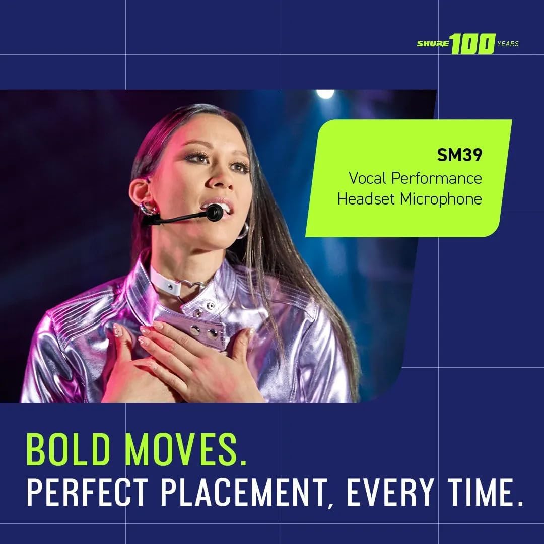 Shure SM39 Headset Microphone - Vocal Performance Cardioid Headworn Mic compatible with Axient Digital, Secure Low Profile Fit, Ergonomic Design, Indoor/Outdoor Windscreens, Sweat Resistant (SM39-LM3)