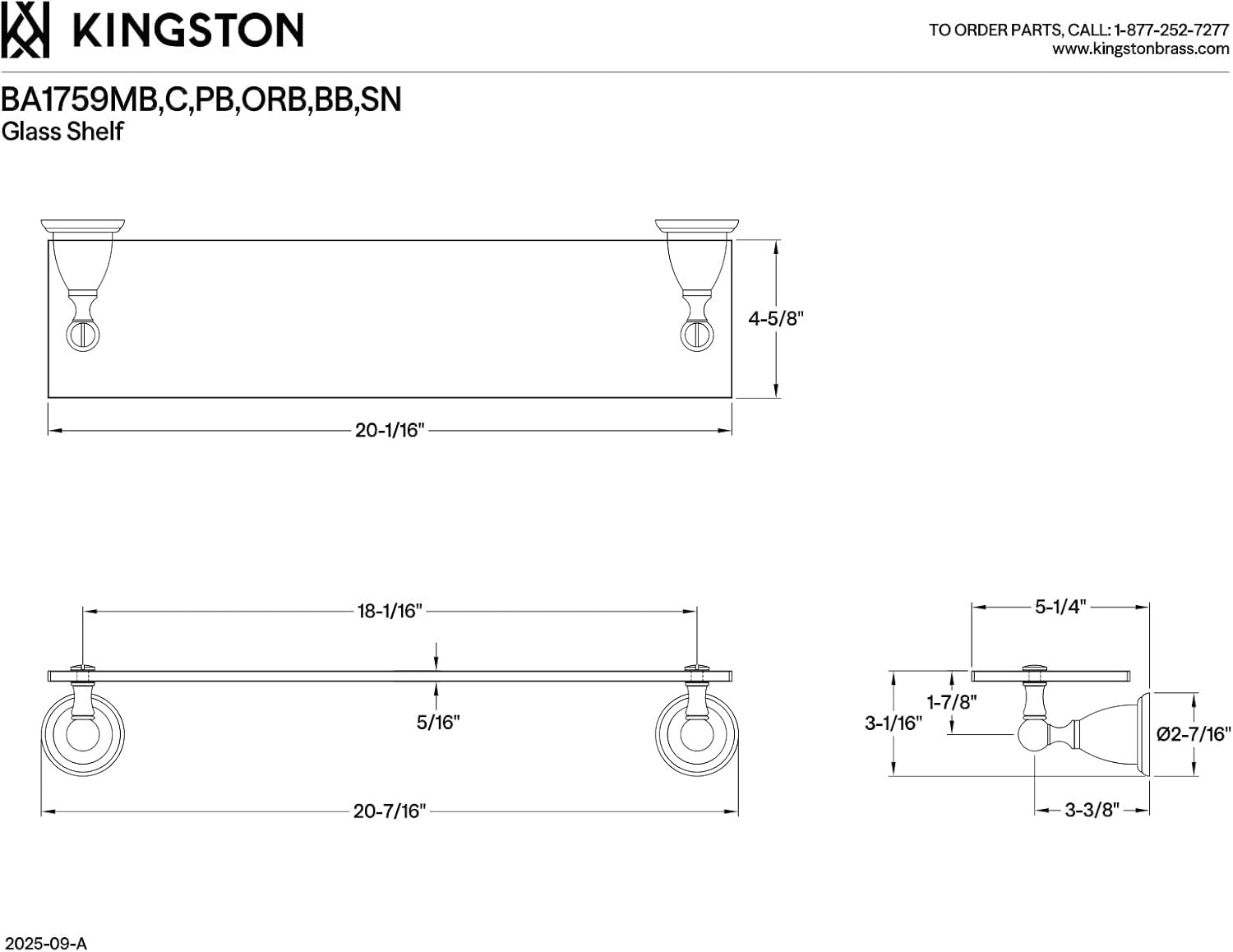 Kingston Brass BA1759PB Heritage Glass Shelf, Polished Brass, 2-1/2