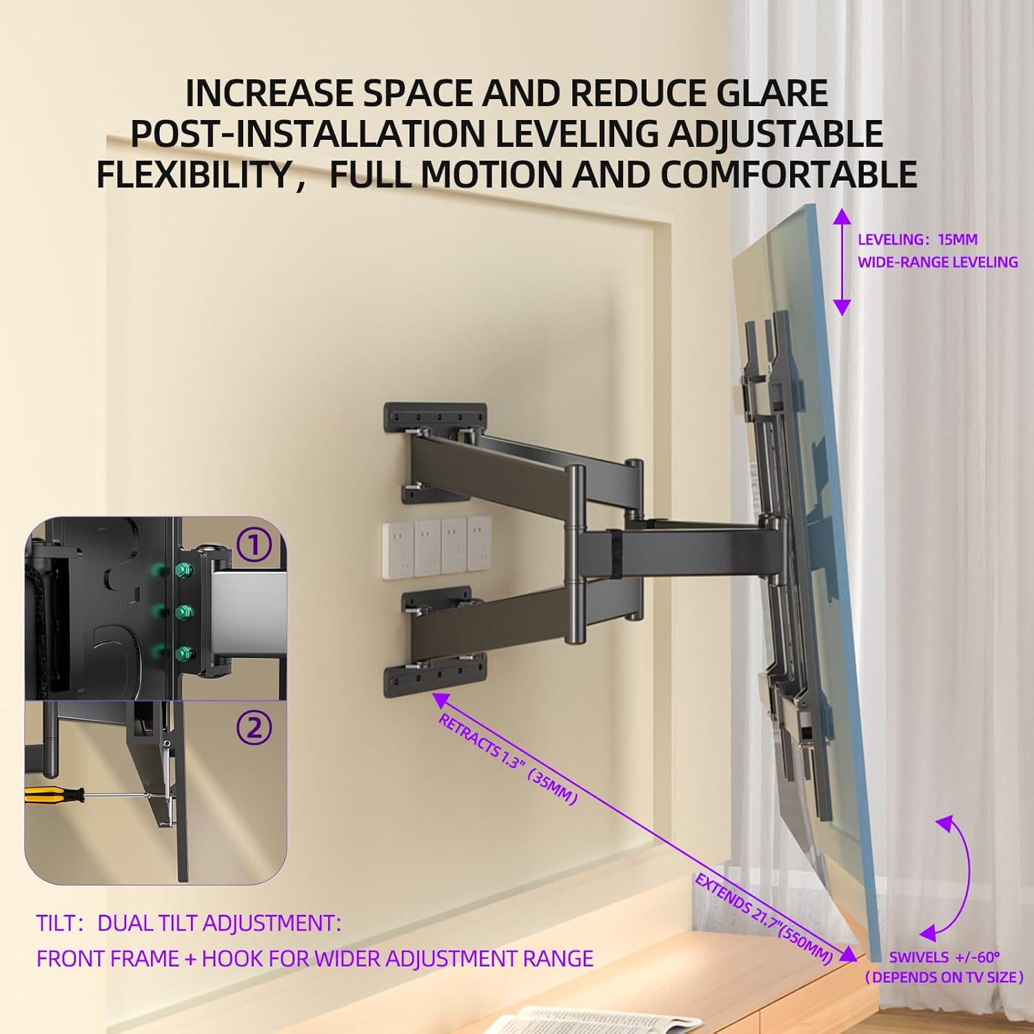 Corner TV Wall Mount for 65 75 77 85 86 inch TVs,Long Arm Full Motion TV Bracket for 50-90 inch， Extension Articulating Arm Swivel and Tilt, Avoid outlets Hold 154lbs，Max VESA 650x600.