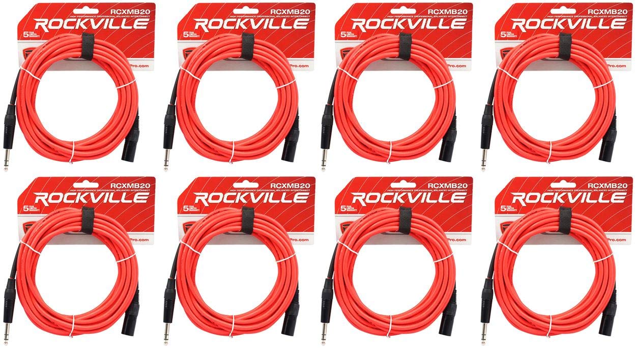 Rockville (8 RCXMB20R 20' Male REAN XLR to 1/4'' TRS Cable Red 100% Copper