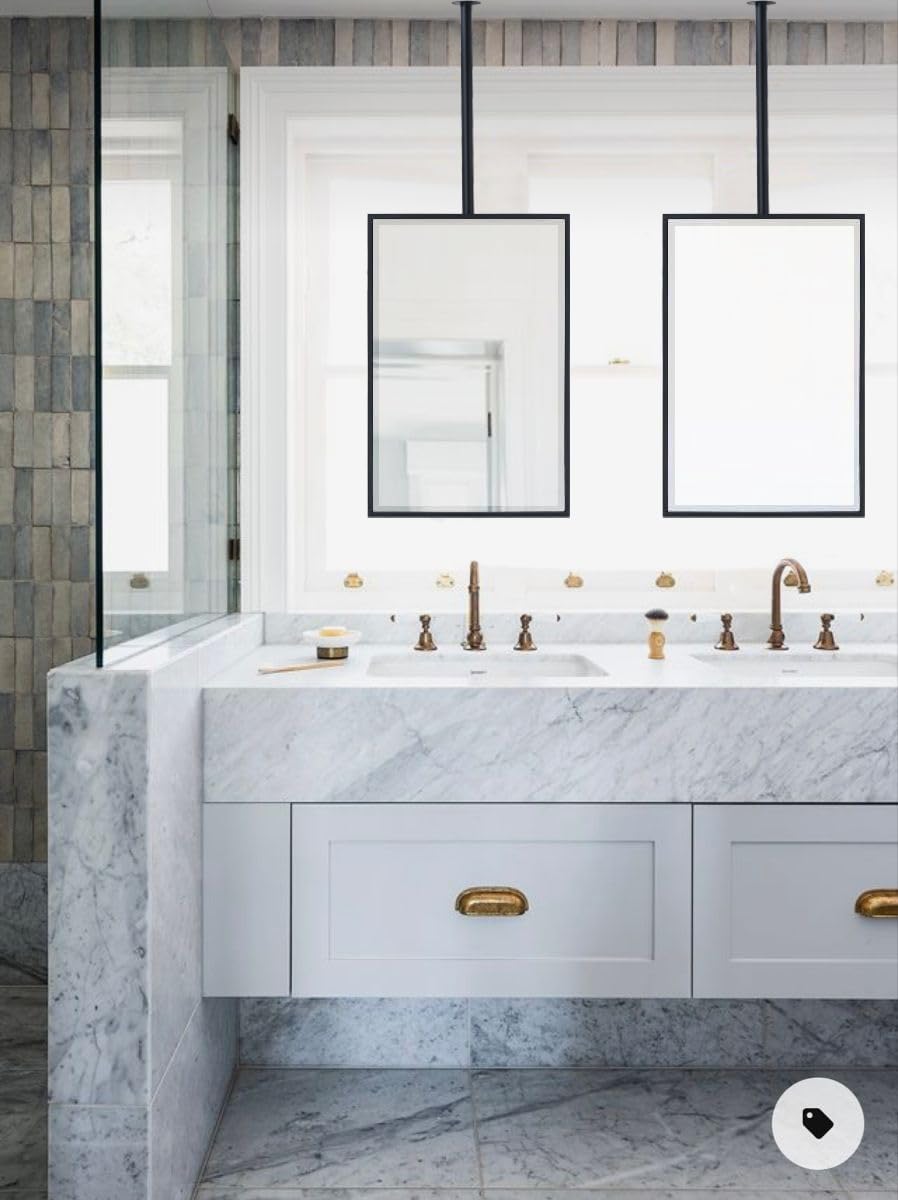 TEHOME Ceiling Mount Mirrors for bathrooms Suspend Black Metal Framed Rectangle ceil Mount Mirror for a Window Vanity with Adjustable Hanging Rod, Mirror Measures 20x30''