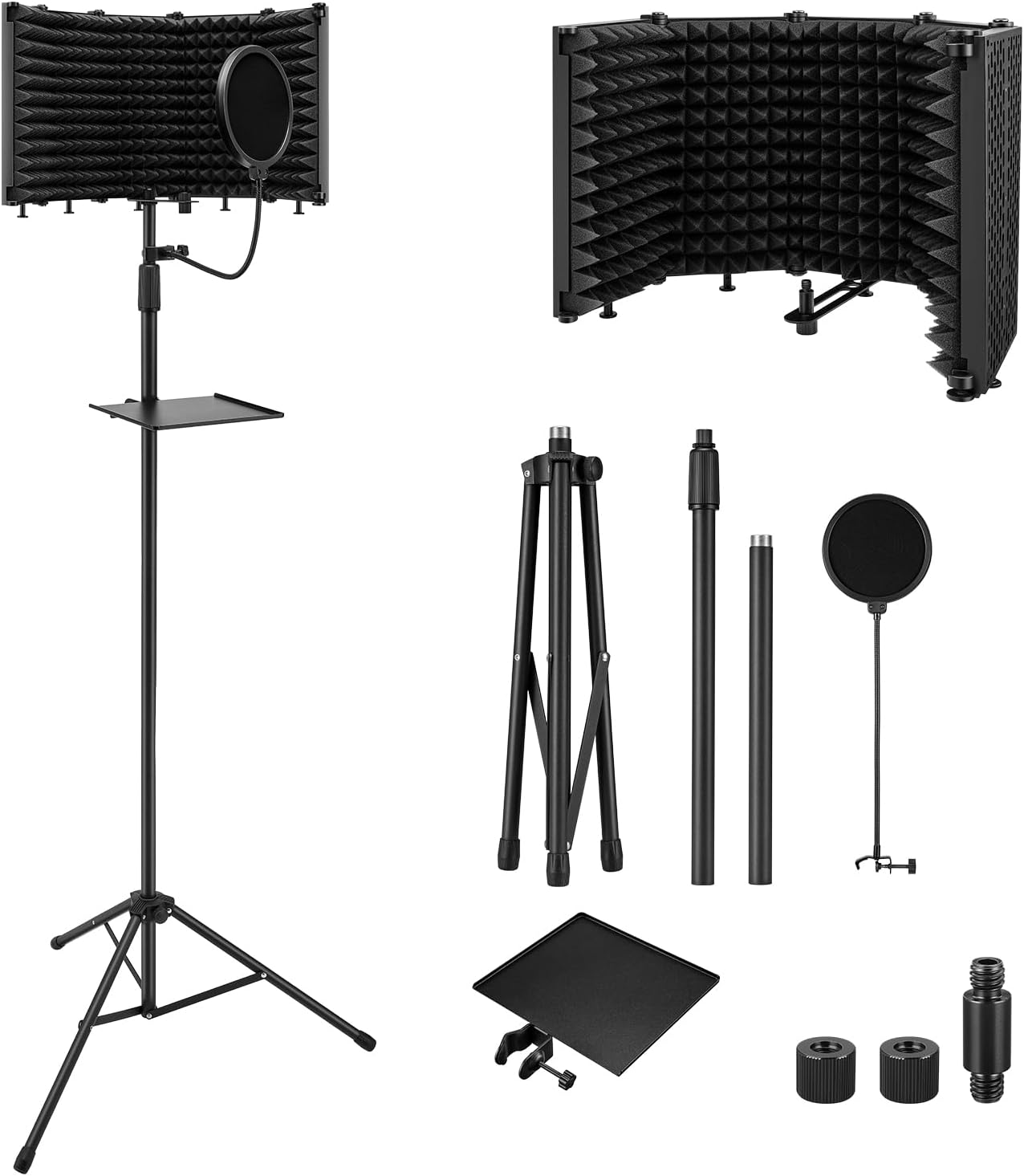 Moukey Microphone Isolation Shield with Pop Filter & Tripod Stand, Foldable Mic Shield with Triple Sound Insulation, High Density Mic Sound Shield for Recording Studio, Podcasts, Singing, Broadcasting