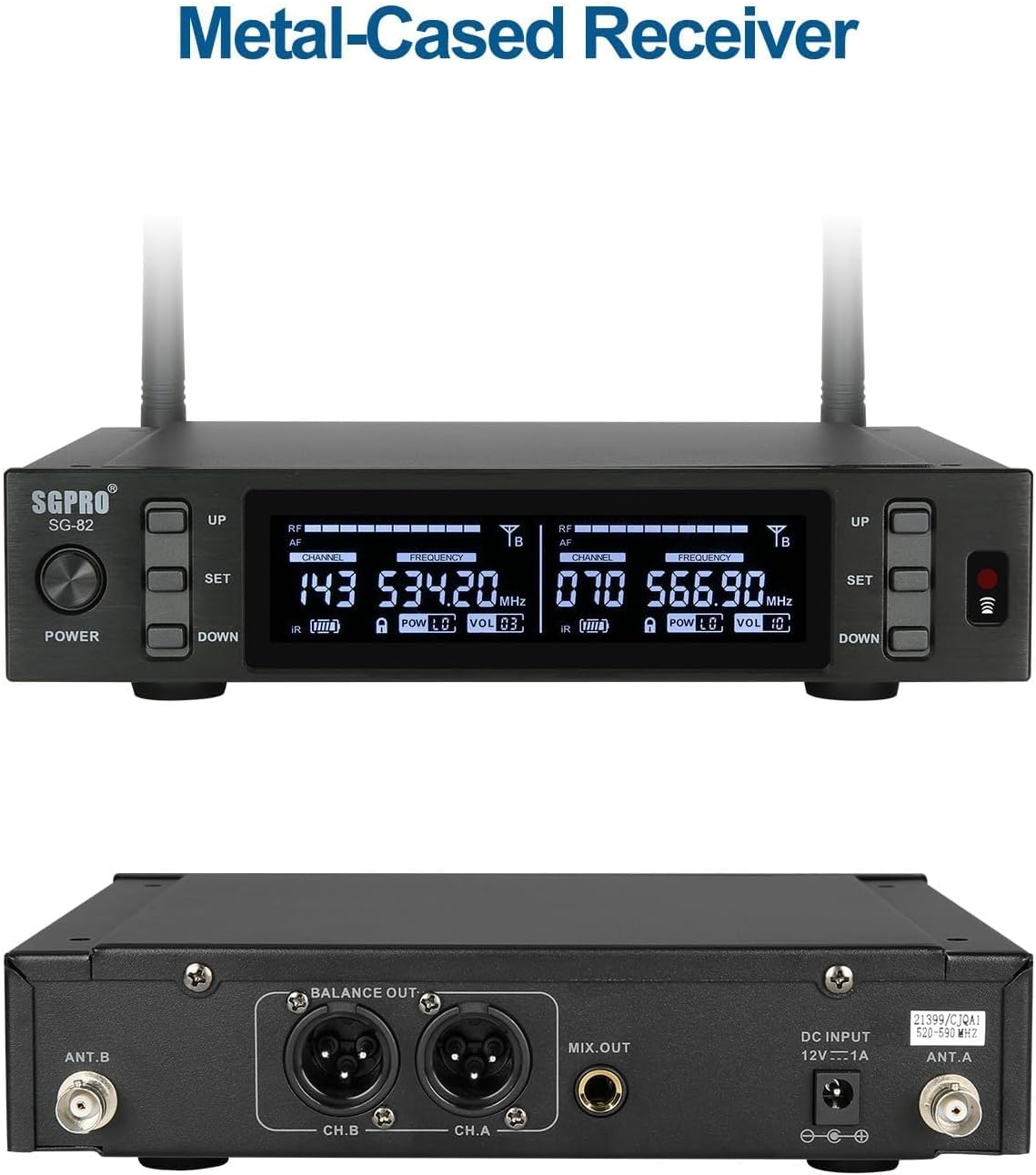 Dual Wireless Microphone System - Metal Handheld Mics & Receiver, Adjustable UHF Channels 520-590 MHz Range, Antenna Diversity, Ideal for Professional Audio and Events