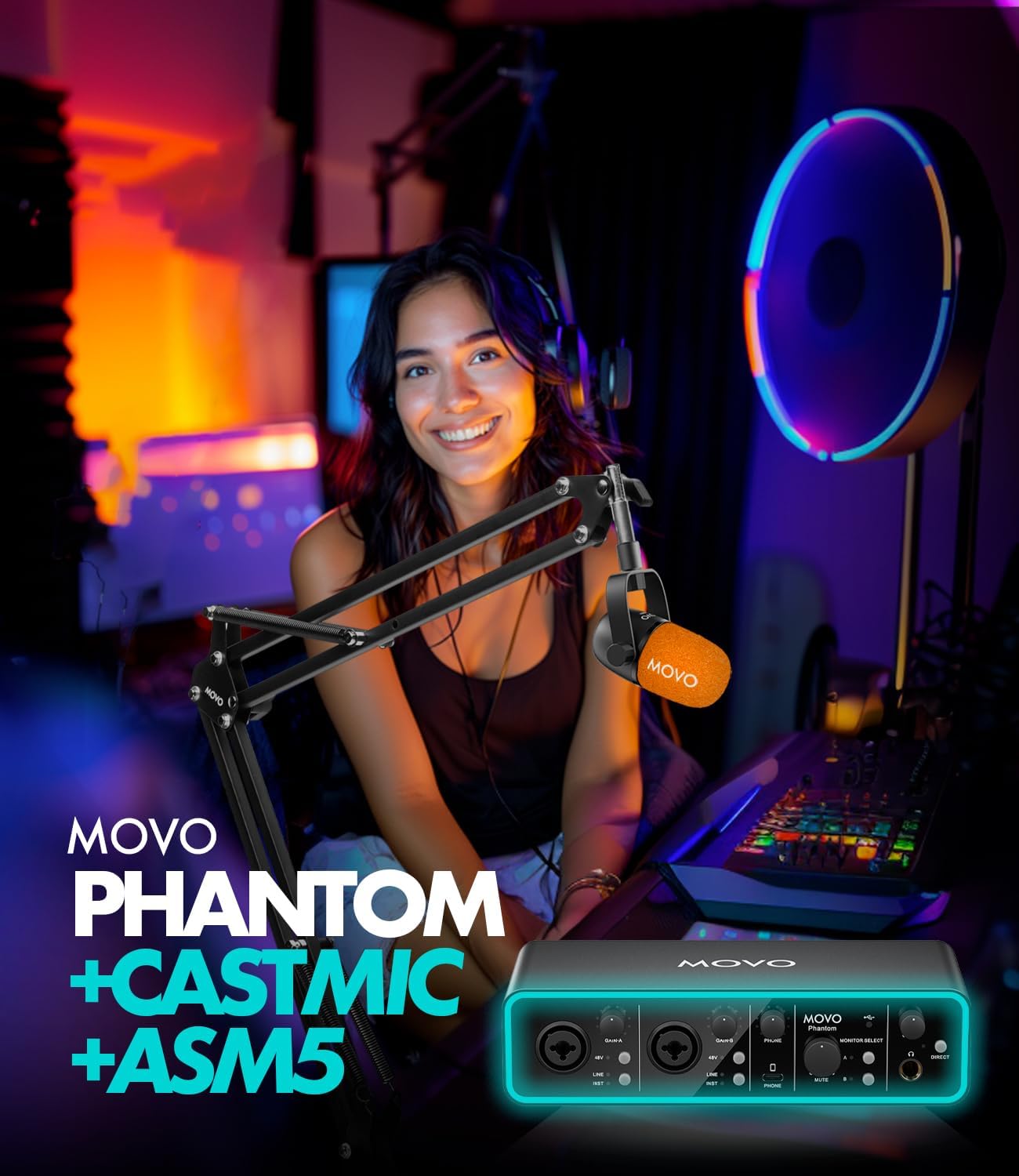 Movo Music Audio Interface Bundle - Phantom USB Audio Interface, CastMic XLR Dynamic Microphone, and Boom Arm - Professional Studio Equipment for Musicians, Singers, and Producers