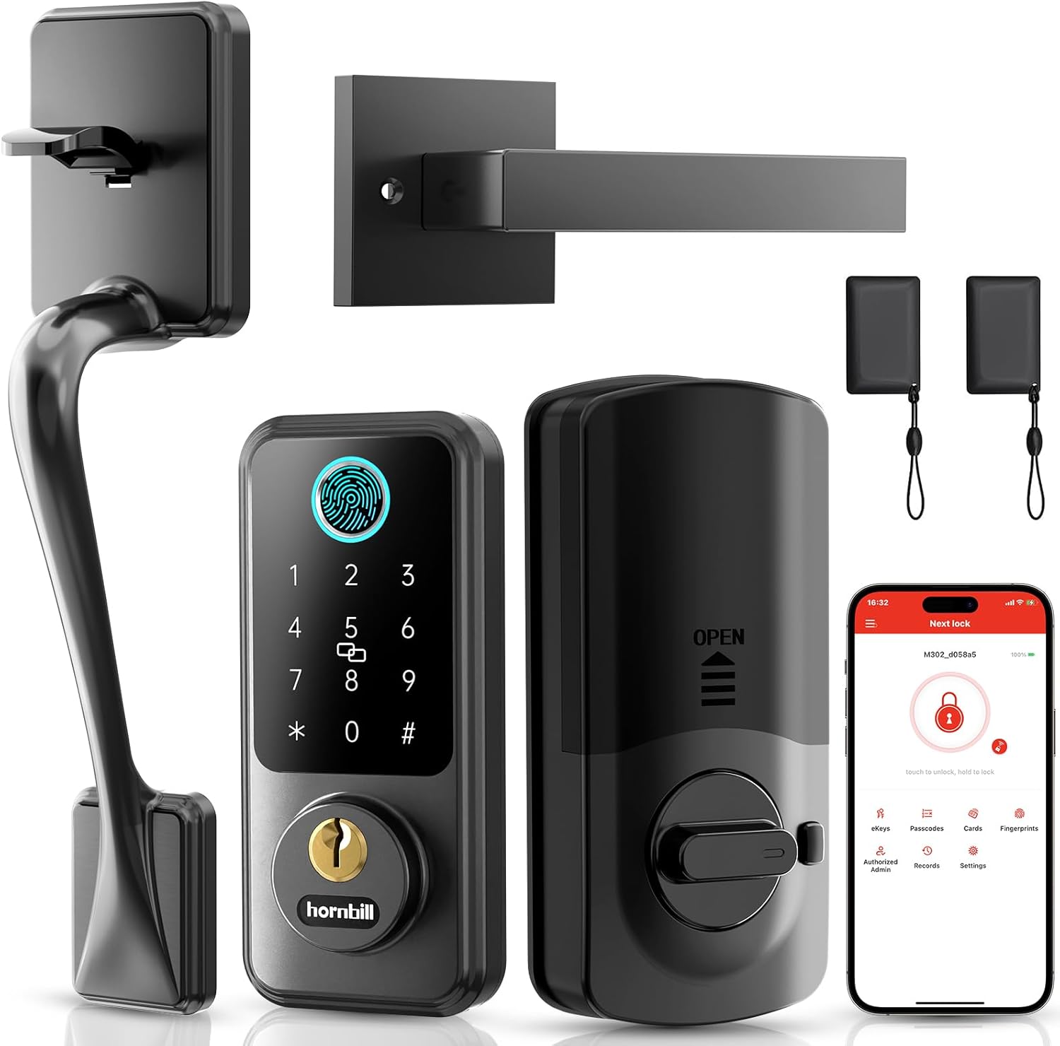 Hornbill Keyless Entry Smart Lock Set, Electronic Deadbolt with Handle, Keypad Door Lock for Home & Front Door, Matte Black
