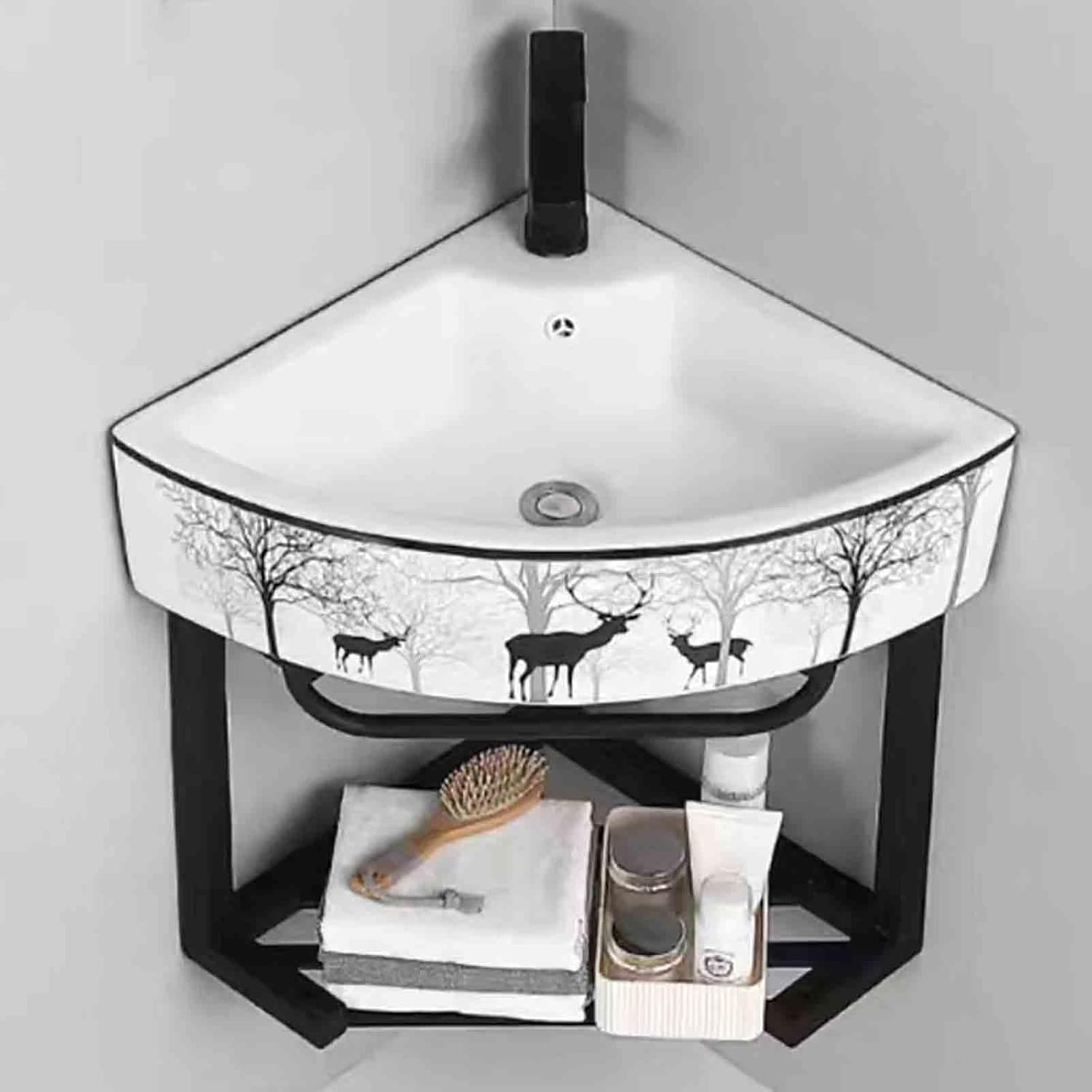 Corner Wall Mount Bathroom Sink, Wall Mounted Bathroom Sink, Scratch And Stain Resistant Finish, Bathroom Sink With Stainless Steel Rack Ceramic Vessel Sink, For Small Space ( Color : White , Size : 4